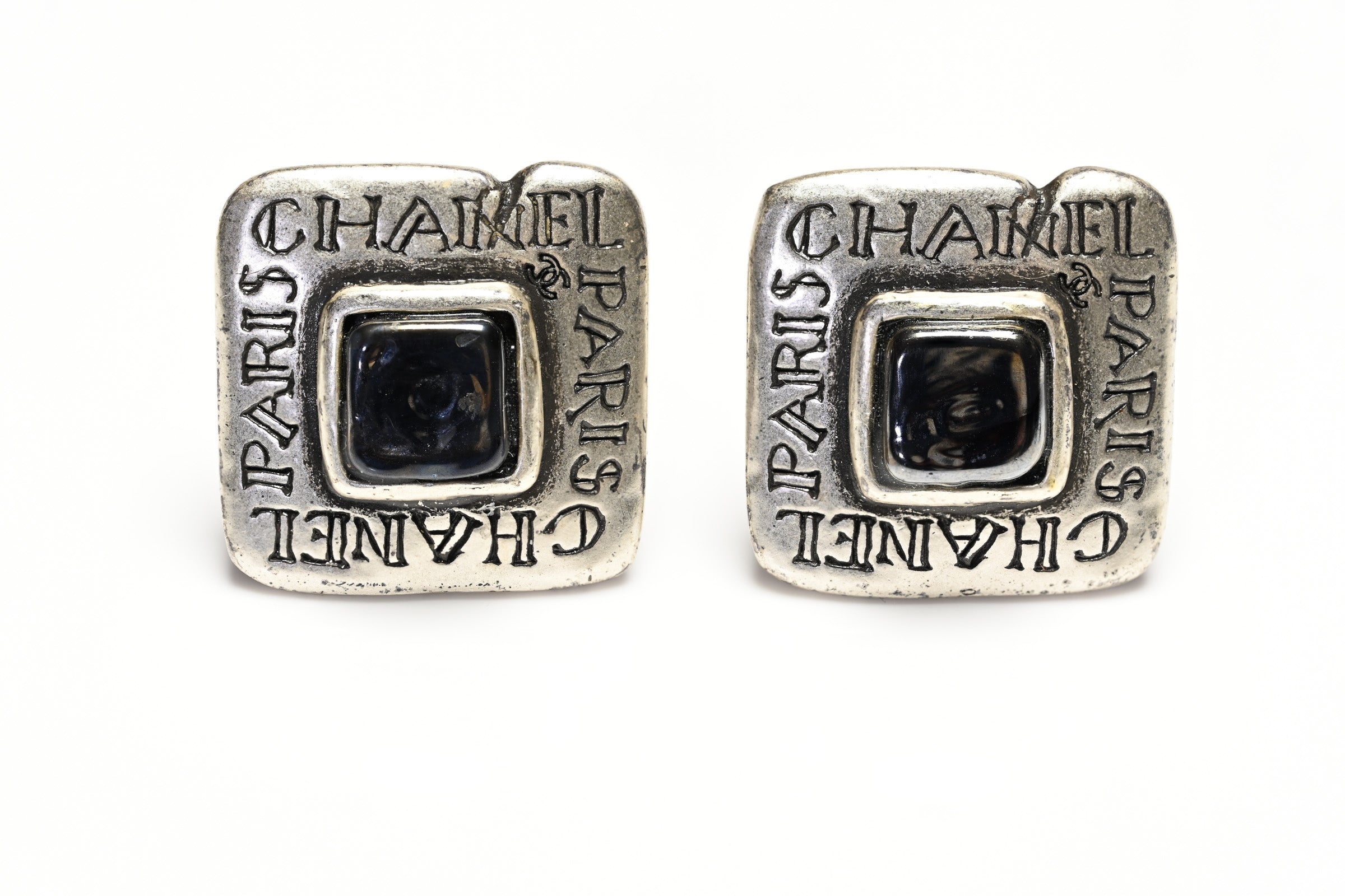 Vintage Chanel Paris Fall 1999 Gripoix Glass Silver Tone Script Logo Earrings