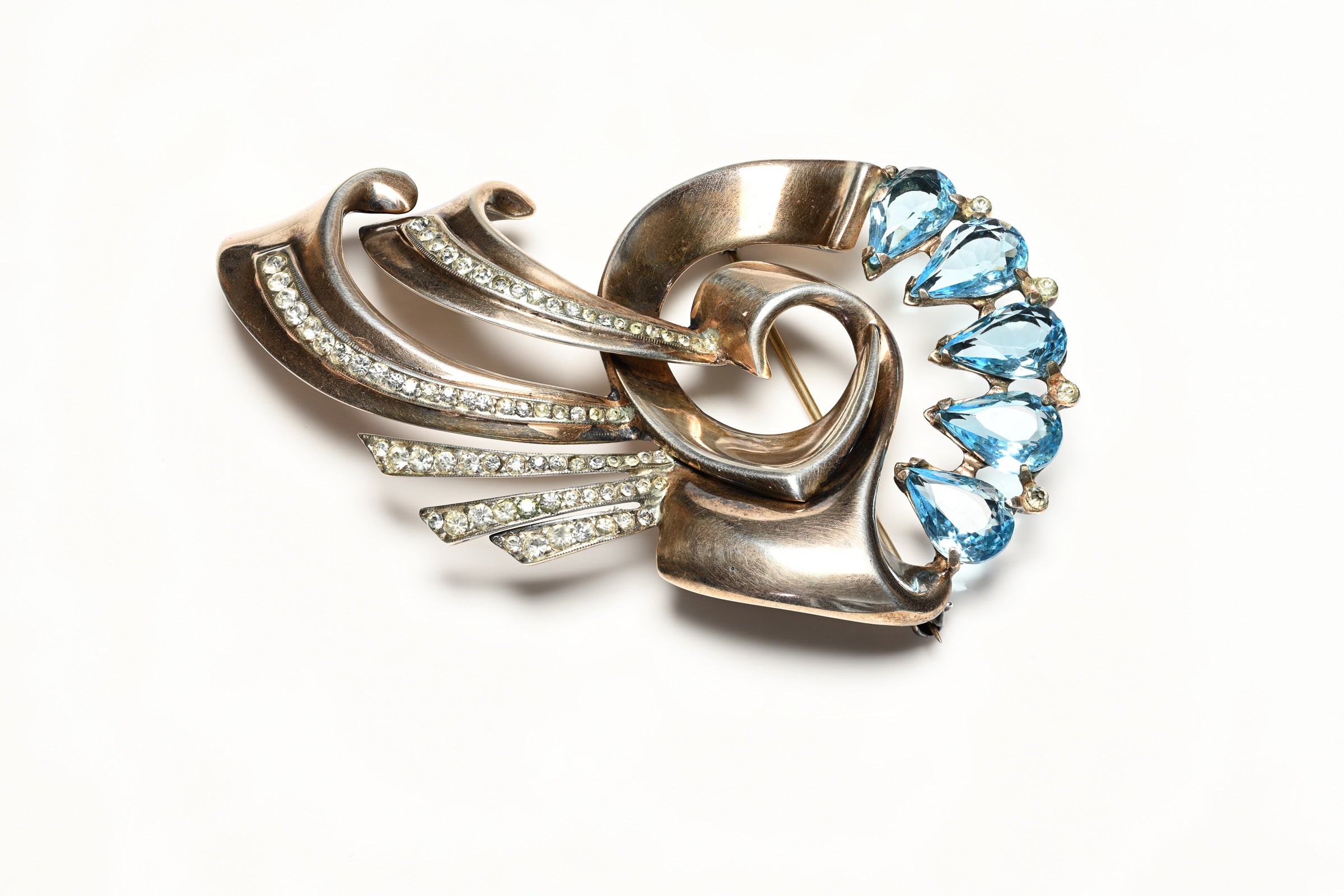 Vintage 1940's Nordic Sterling Silver Blue Crystal Flower Brooch Set