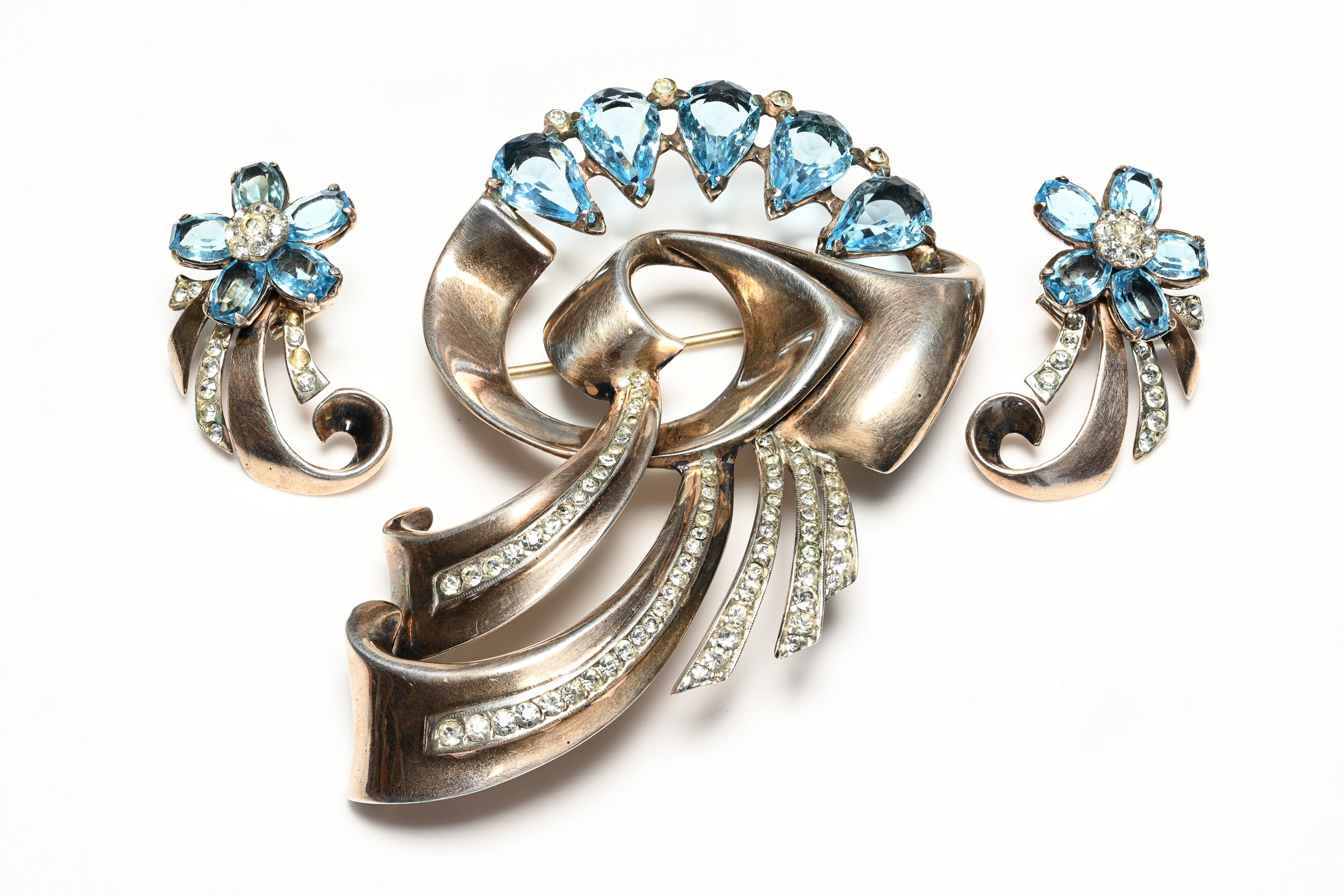 Vintage 1940's Nordic Sterling Silver Blue Crystal Flower Brooch Earrings Set