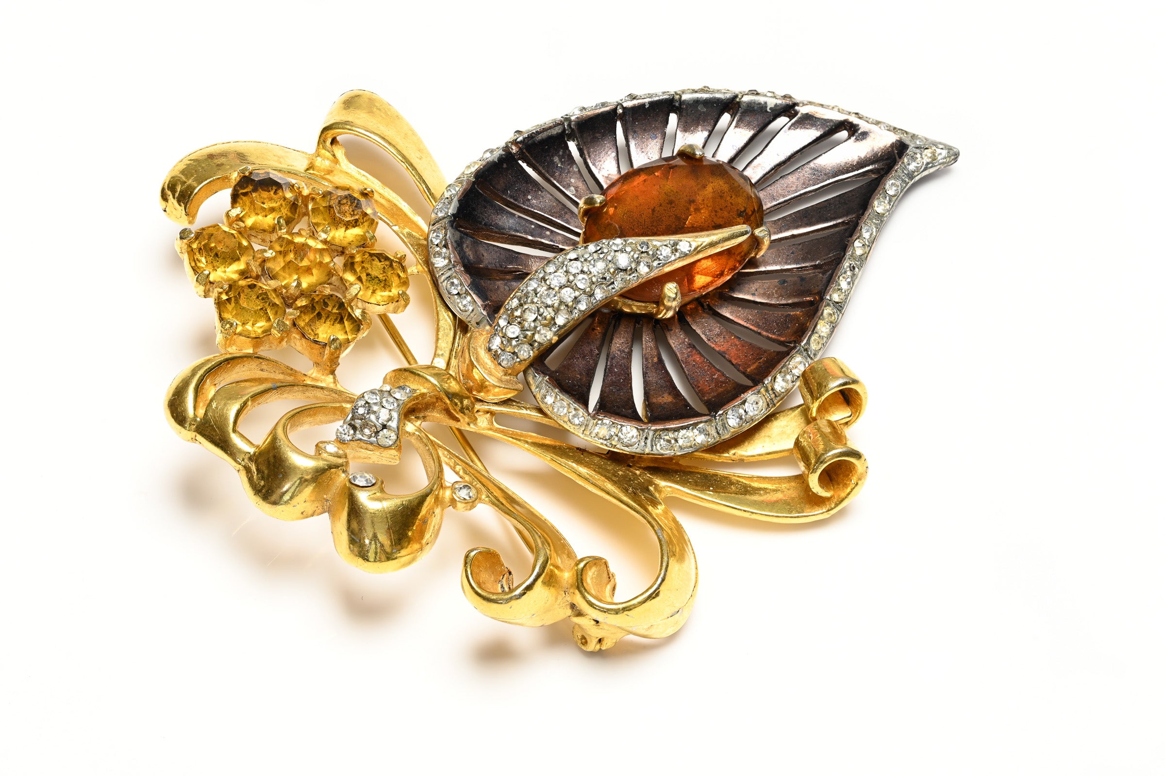 Vintage 1940's Reinad Gold Plated Yellow Crystal Large Brooch