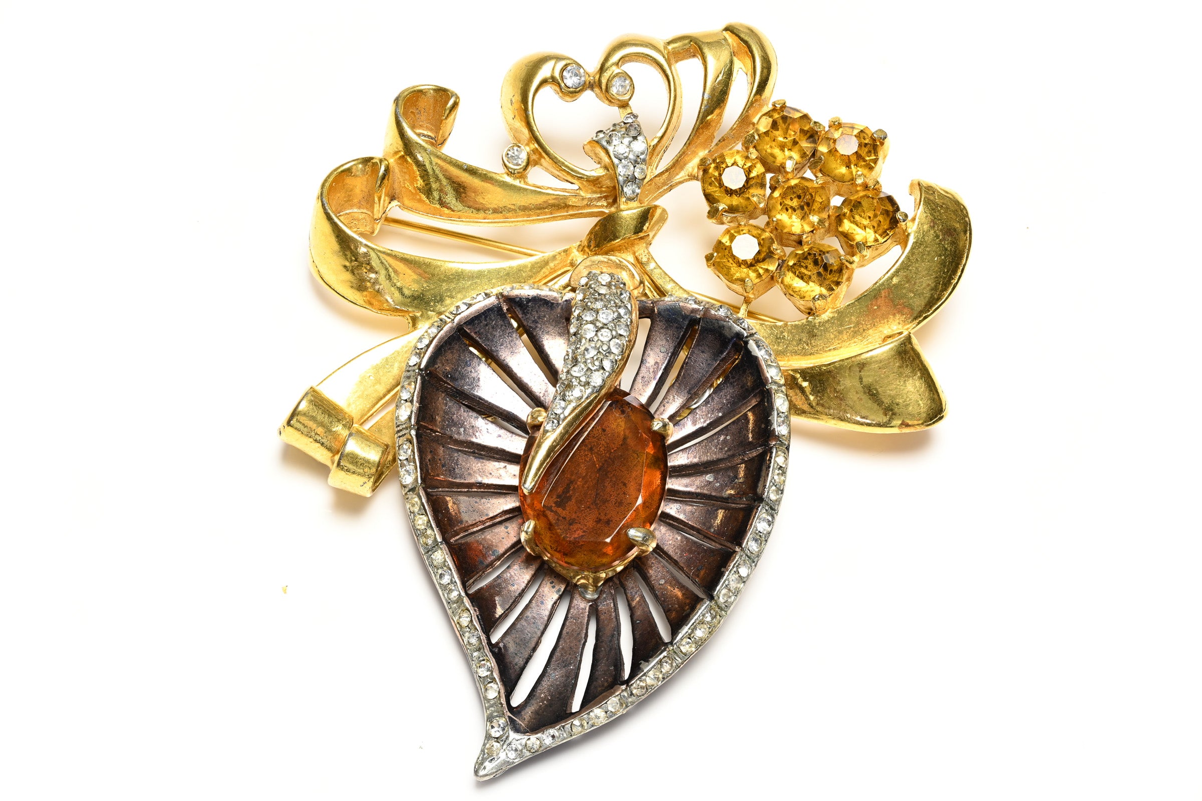 Vintage 1940's Reinad Gold Plated Yellow Crystal Large Flower Brooch