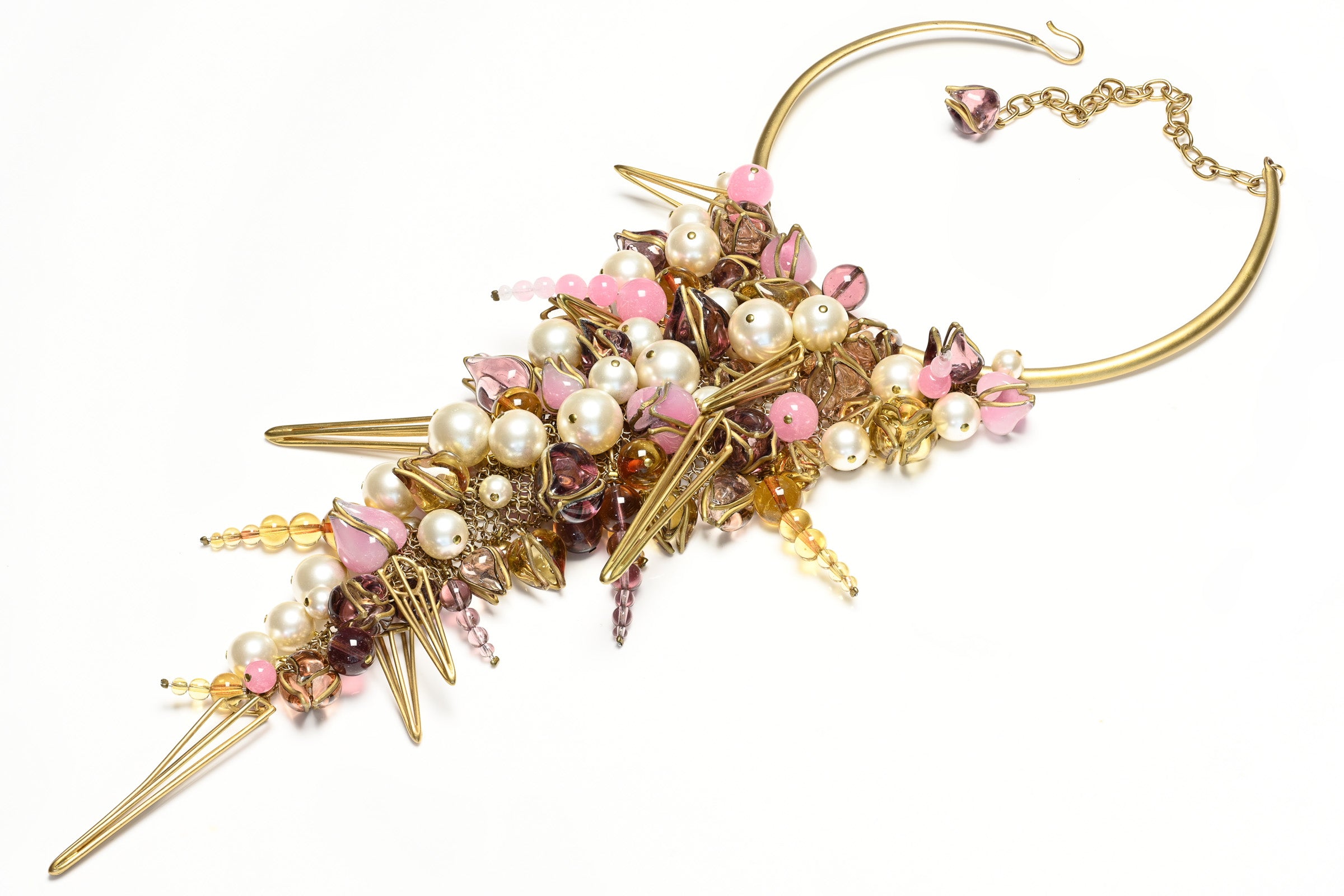Vintage Gripoix Paris Pink Purple Glass Pearl Flower Tassel Mesh Bib Necklace