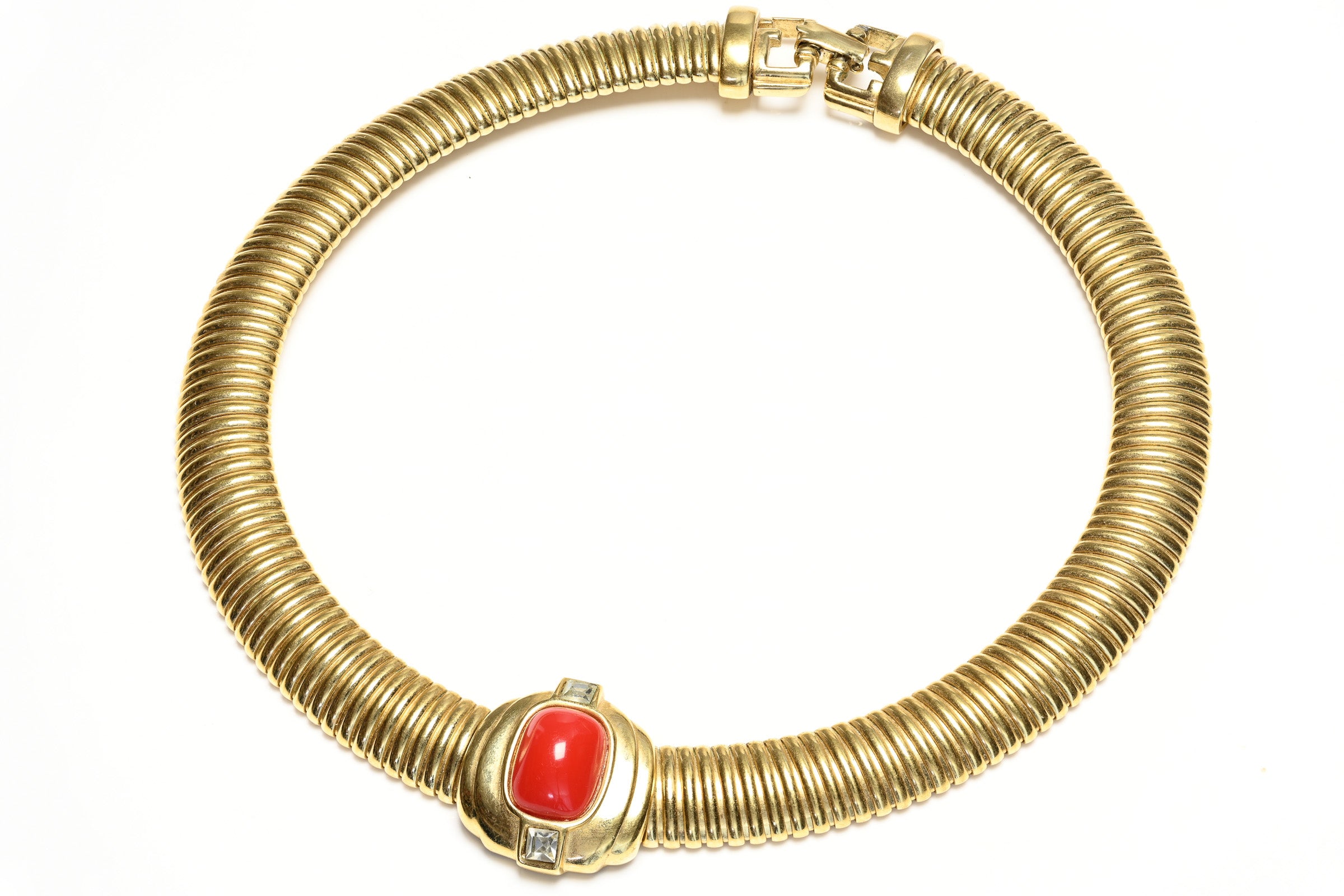 Vintage Givenchy Paris Gold Plated Tubogas Red Cabochon Necklace