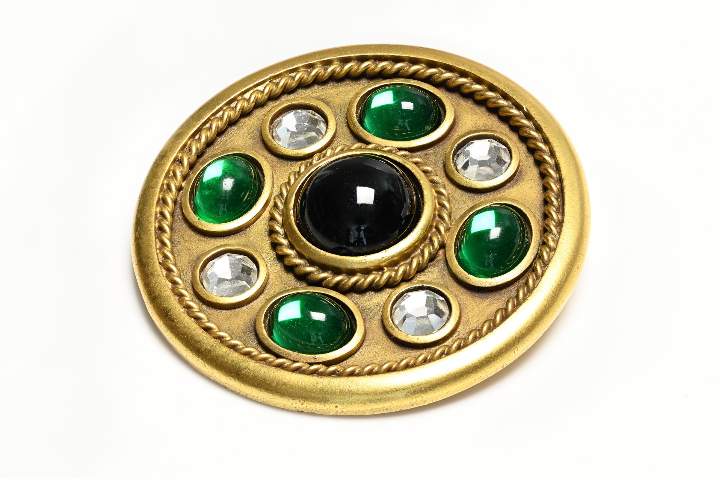 Vintage Yves Saint Laurent YSL Paris Green Cabochon Glass Brooch