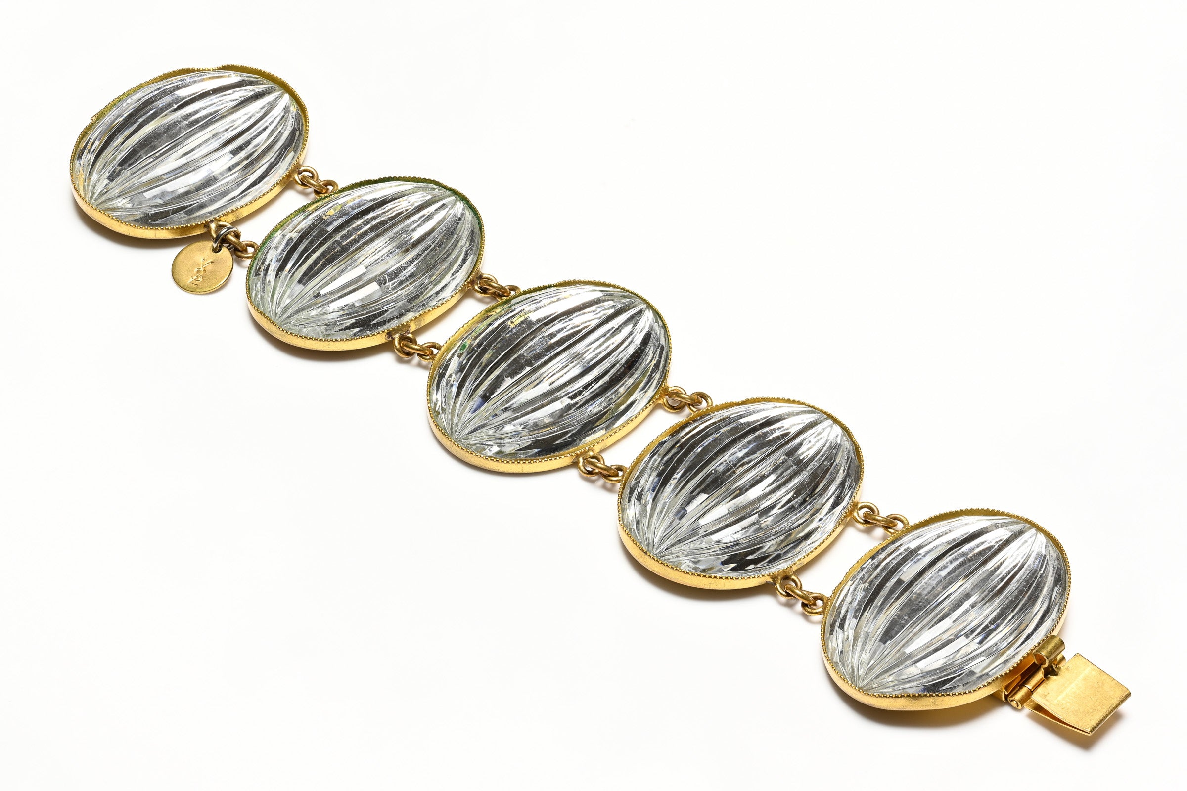 Vintage Yves Saint Laurent YSL Paris Wide Clear Carved Glass Cabochon Bracelet