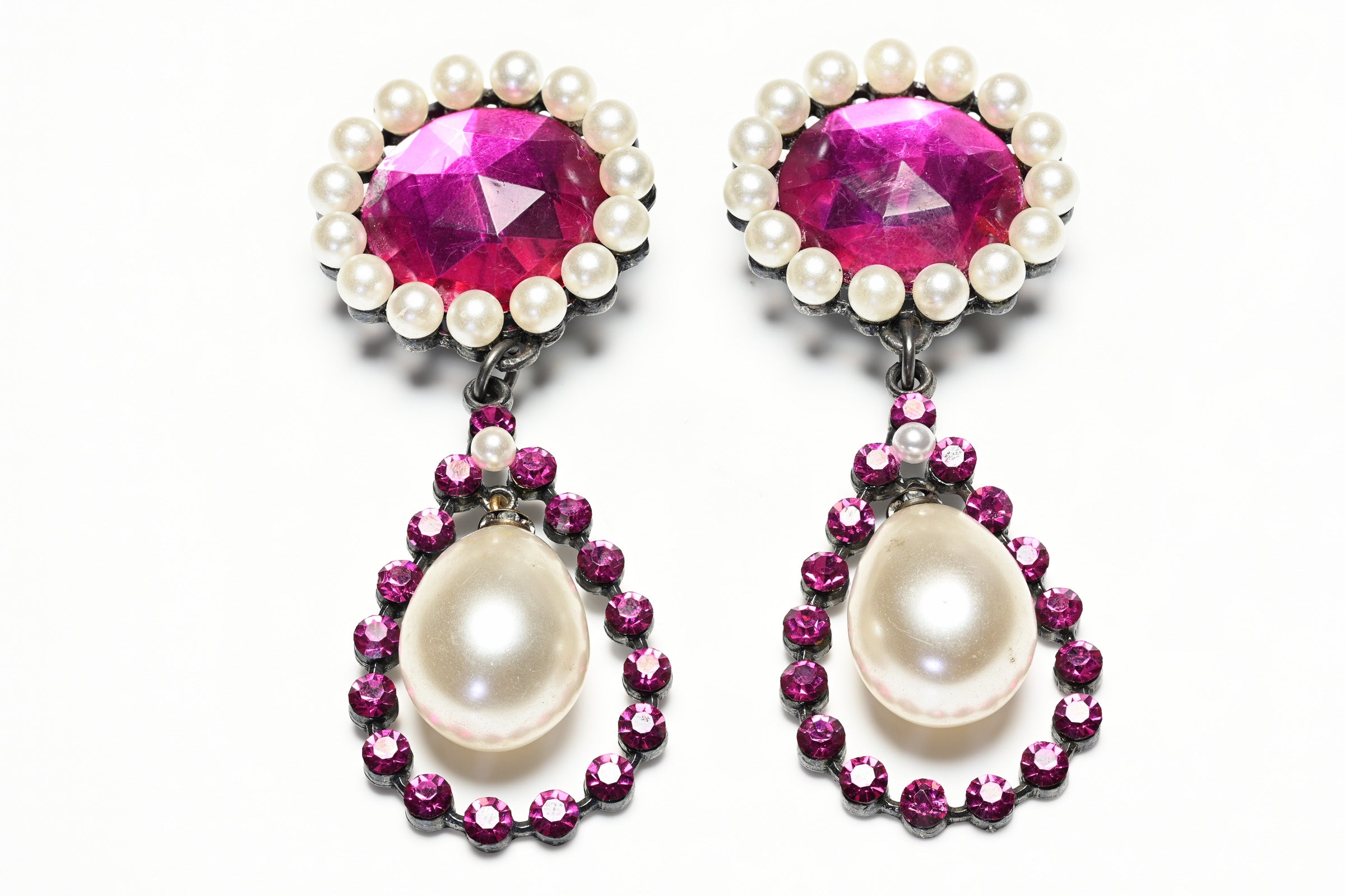Vintage Yves Saint Laurent Paris Rive Gauche Pink Crystal Pearl Long Earrings