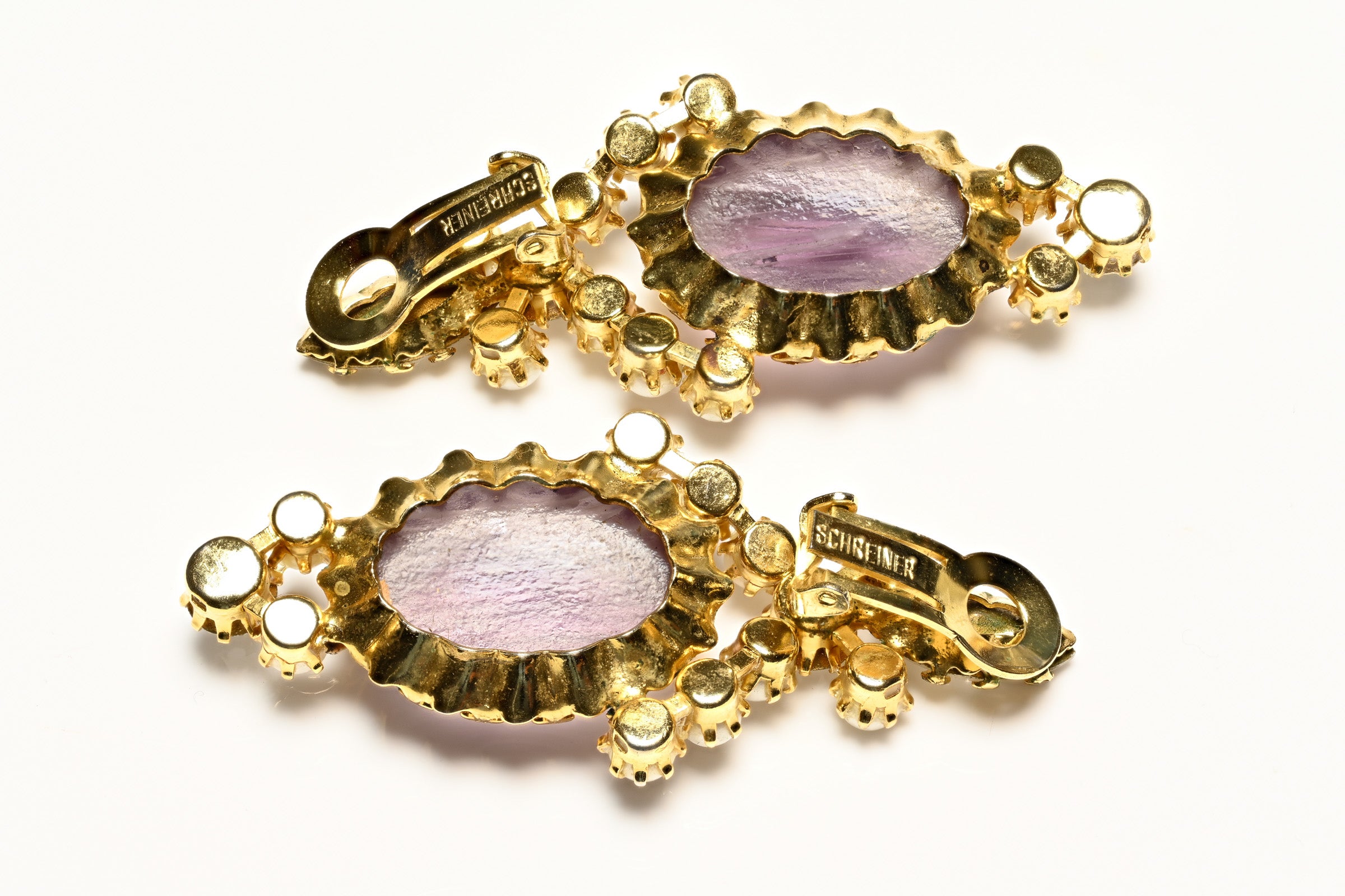Vintage Schreiner NY Purple Cabochon Glass Pearl Earrings