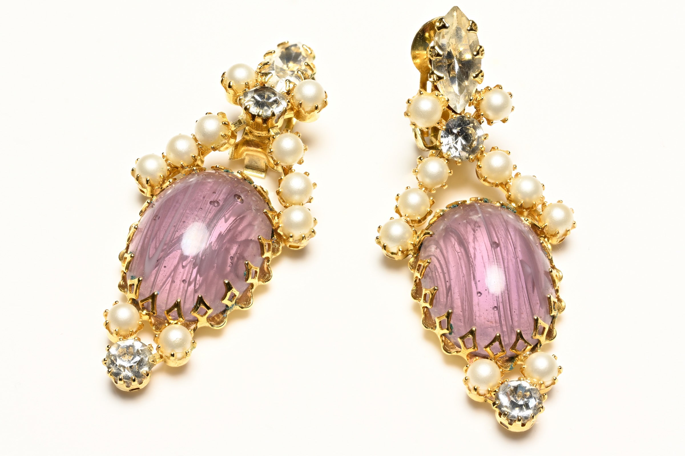 Vintage Schreiner NY Purple Glass Pearl Long Earrings