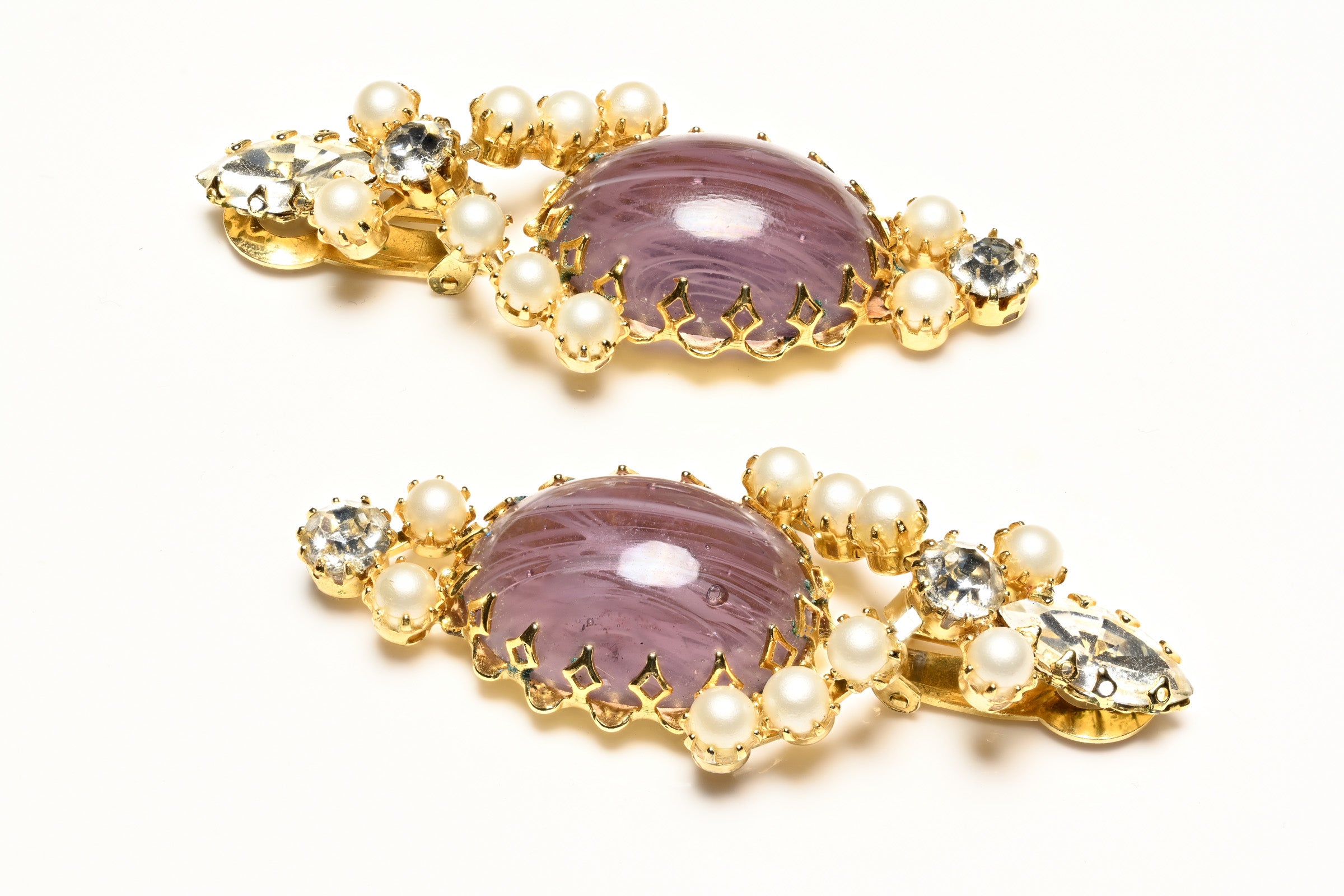 Vintage Schreiner NY Purple Cabochon Glass Pearl Long Earrings