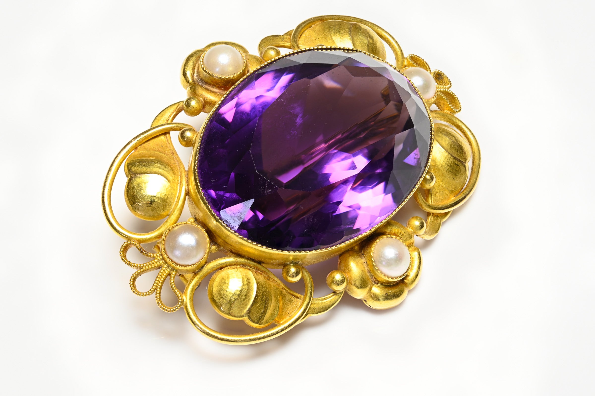 Georg Jensen 18K Gold Amethyst Pearl Brooch