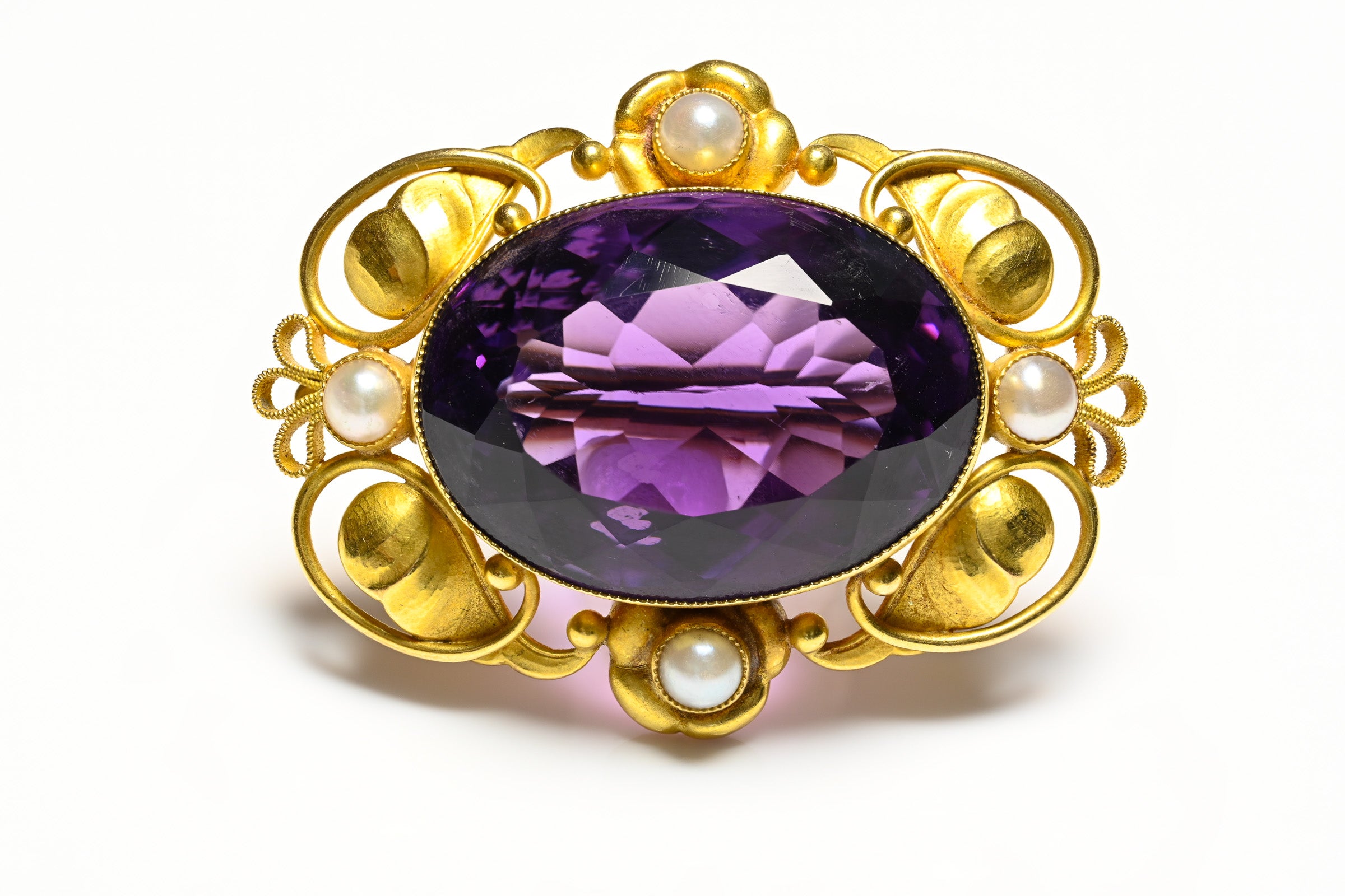 Georg Jensen 18K Gold Amethyst Pearl Brooch