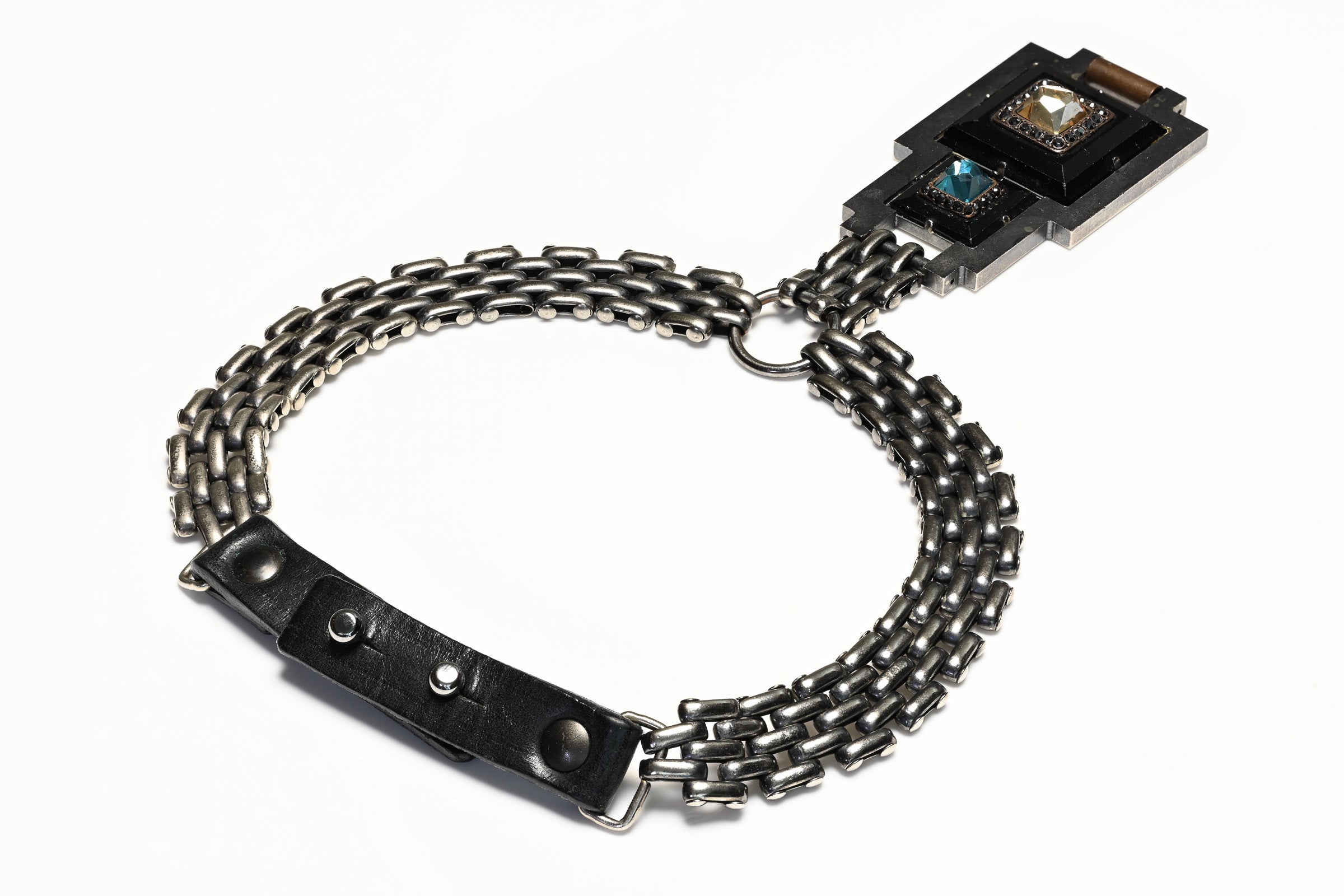 Lanvin Paris Blue Brown Crystal Silver Tone Chain Necklace