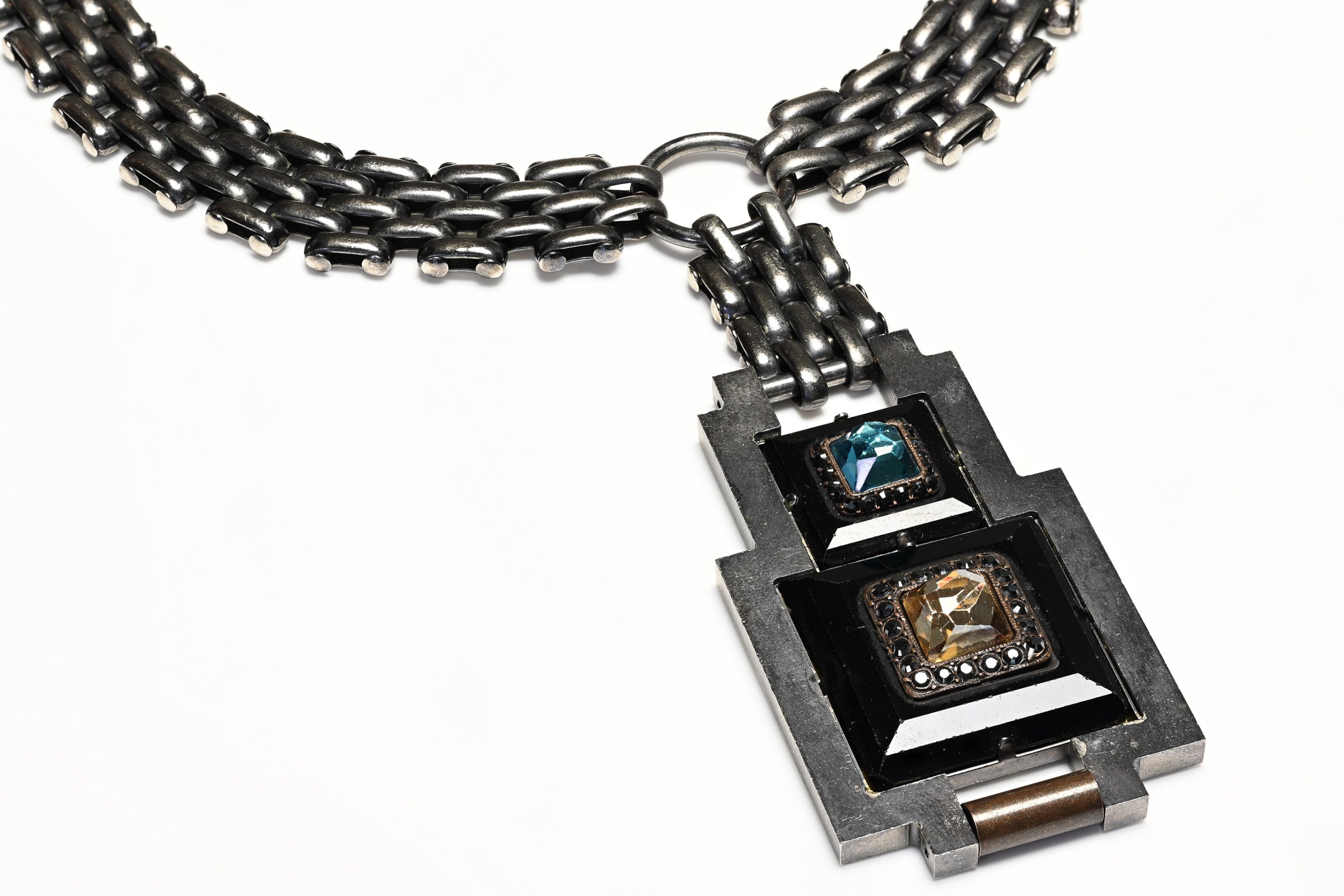 Lanvin Paris Blue Brown Crystal Chain Collar Necklace