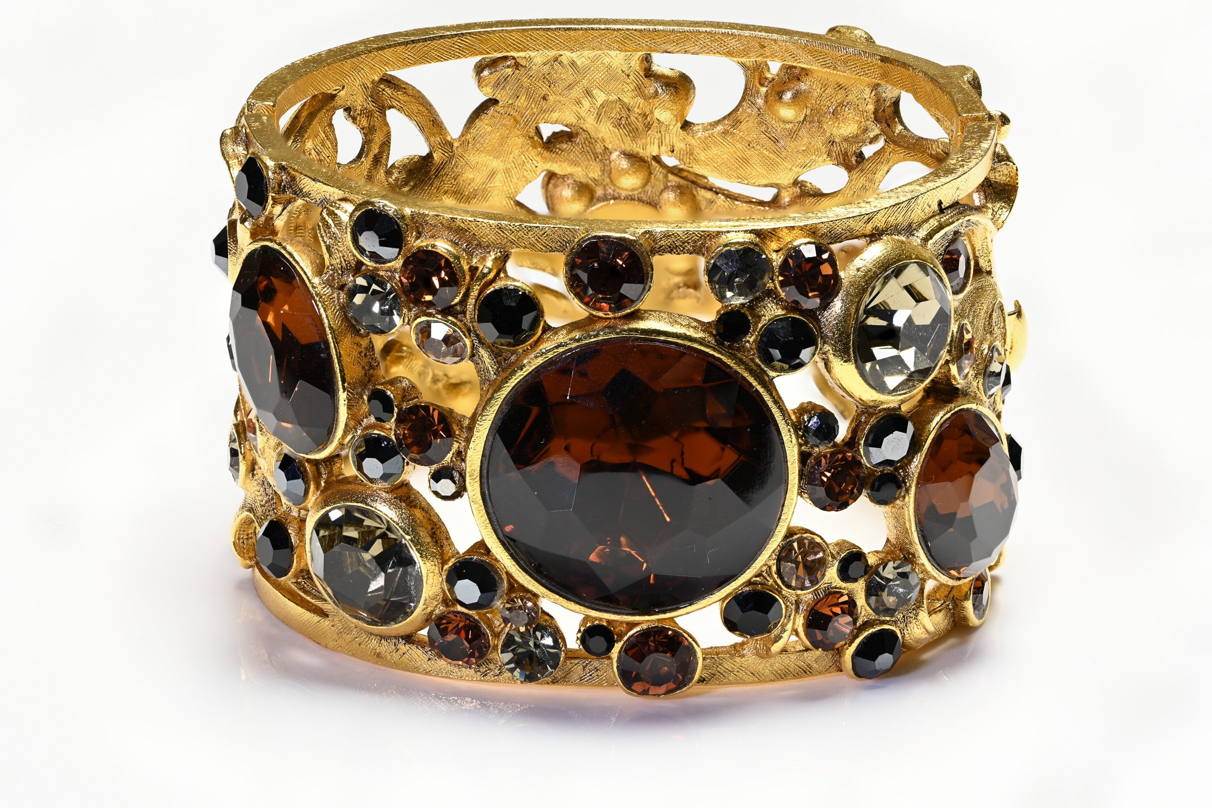 Vintage Barrera Wide Brown Crystal Flower Bracelet