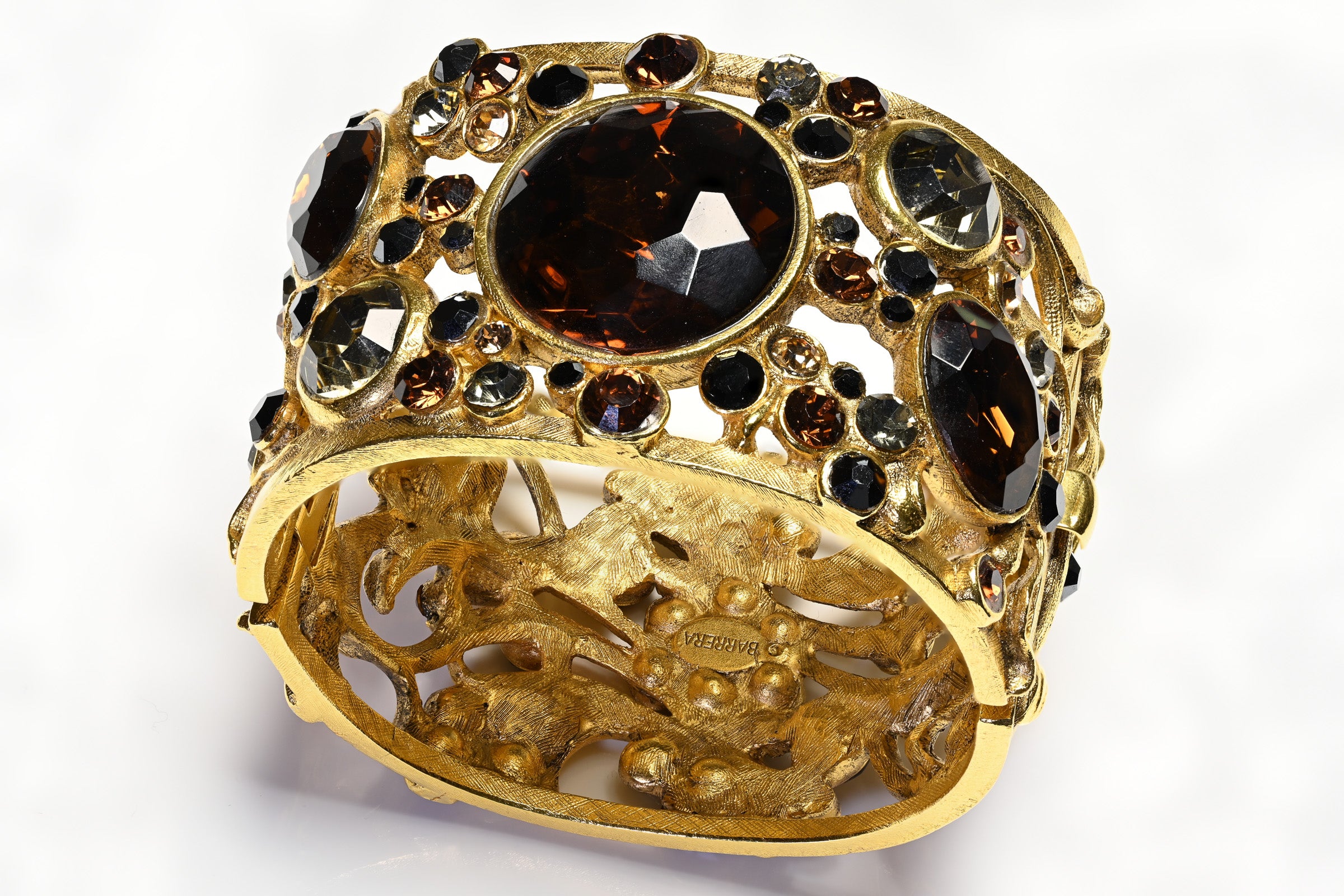 Vintage Barrera Wide Brown Crystal Flower Bangle Bracelet