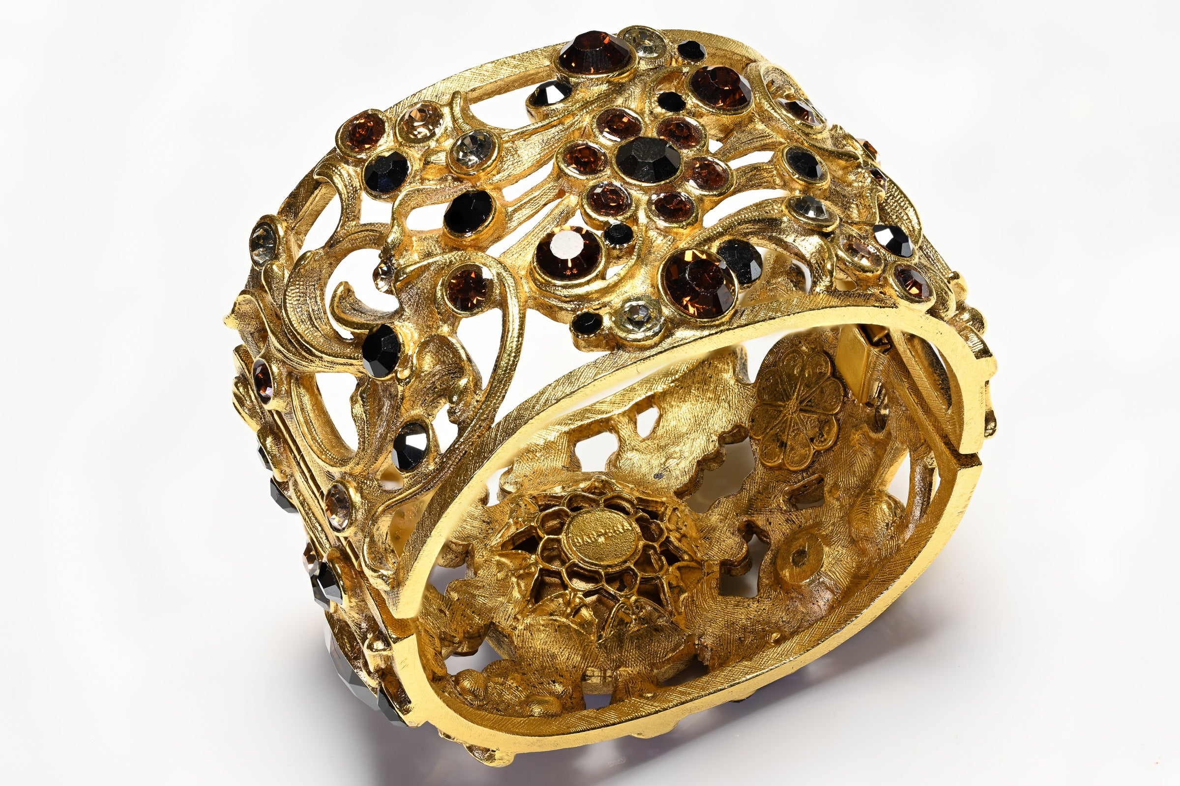 Vintage Barrera Brown Crystal Flower Bangle Bracelet