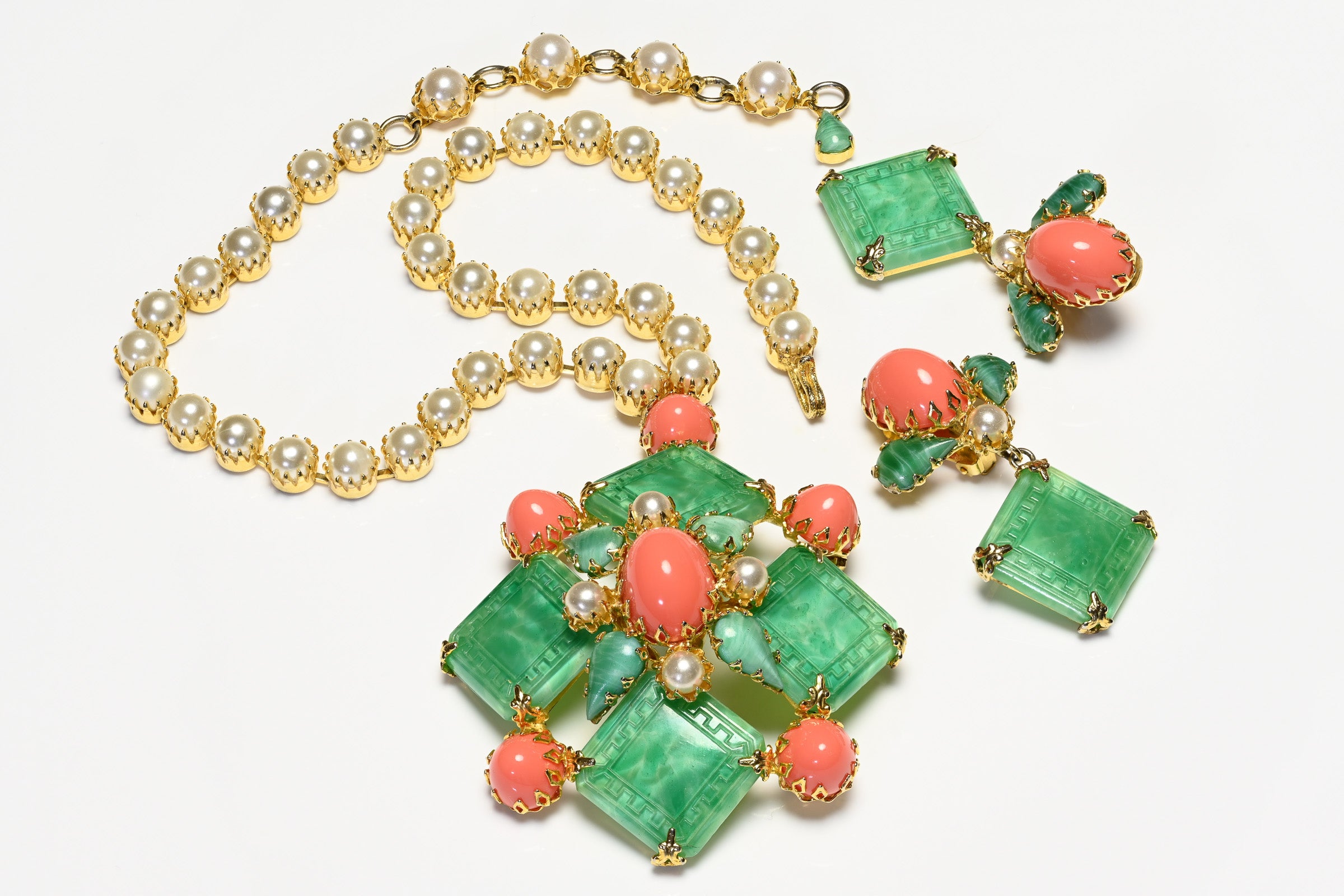 Vintage 1960's Schreiner NY Asian Style Necklace Earrings Set