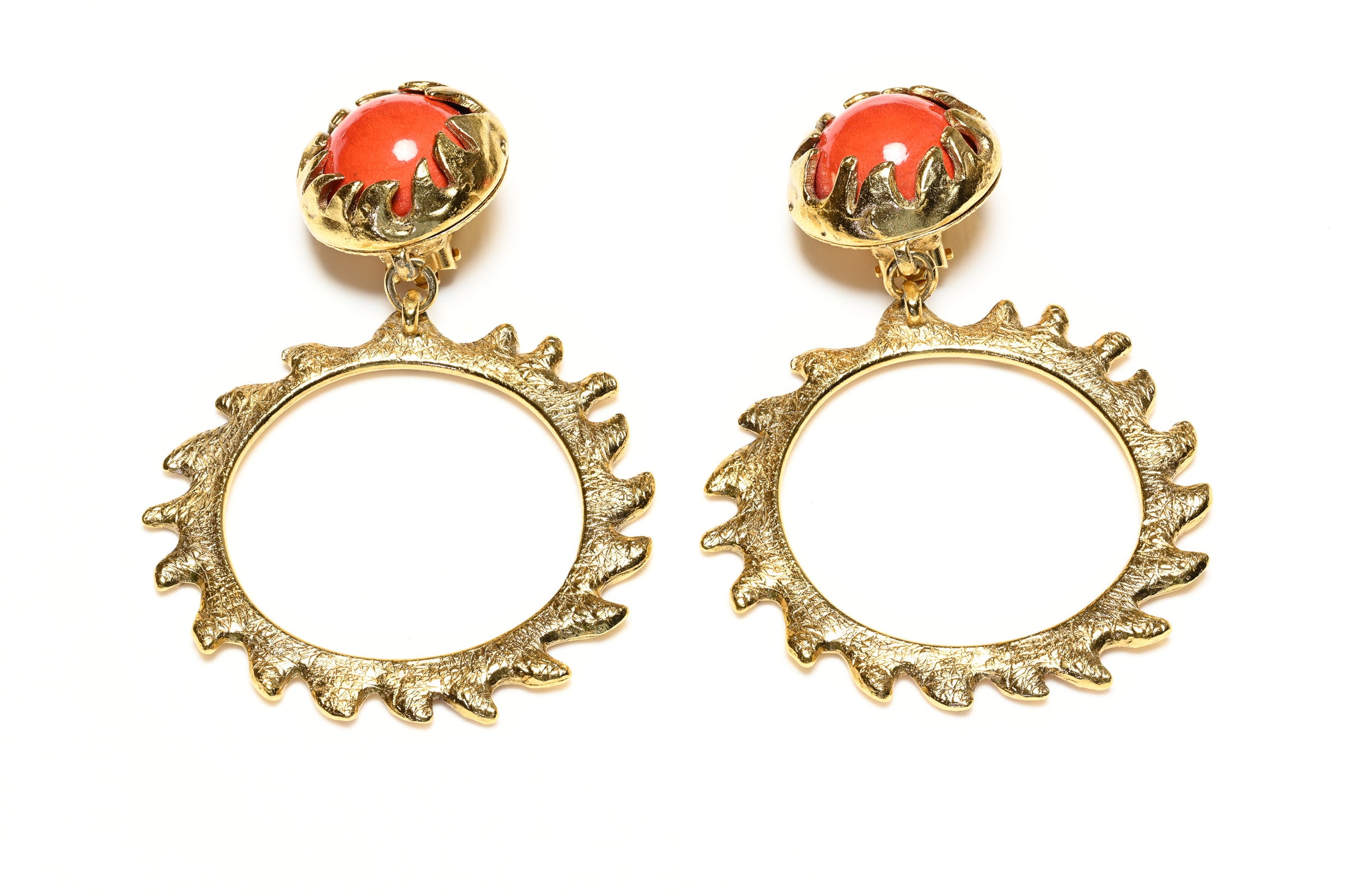 Vintage Yves Saint Laurent Paris Long Red Cabochon Glass Hoop Earrings