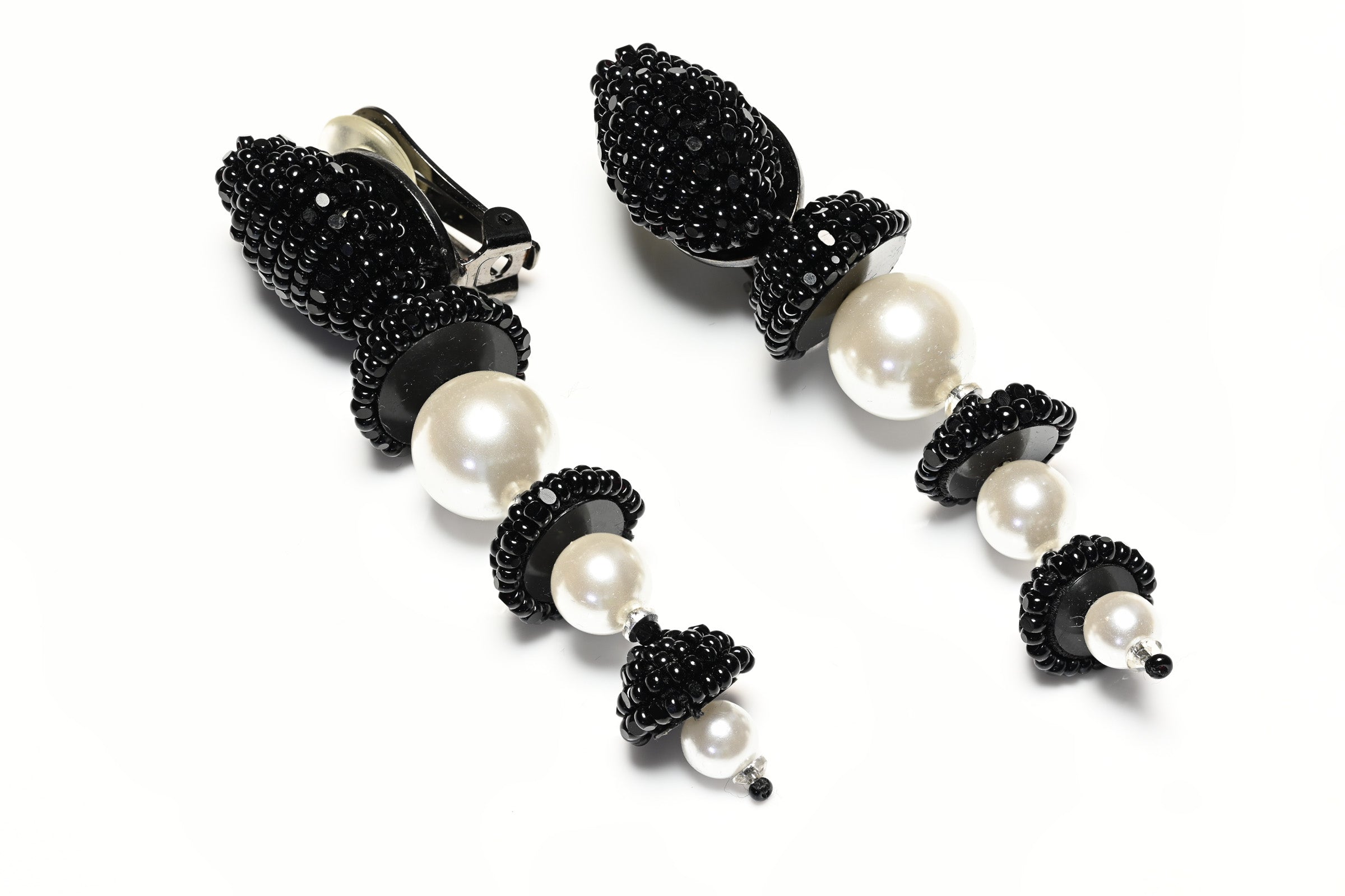 Oscar de la Renta Long Black Beads Pearl Drop Earrings