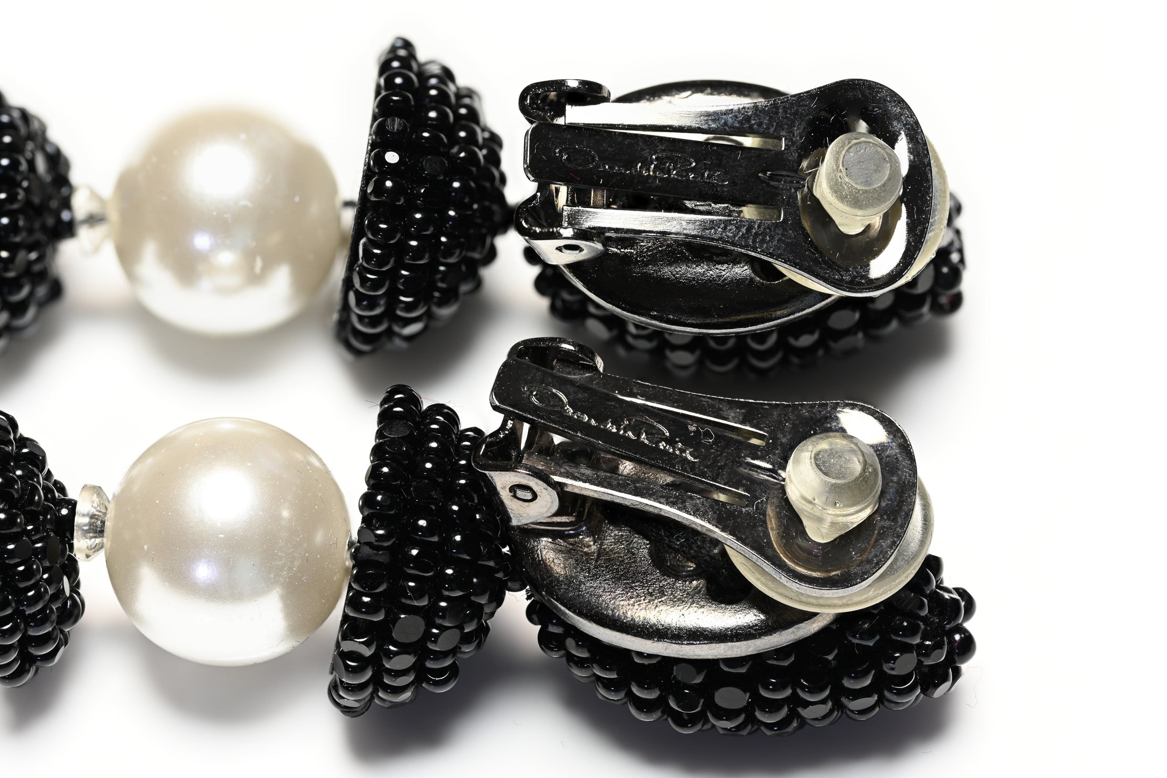 Oscar de la Renta Black Beads Pearl Drop Earrings