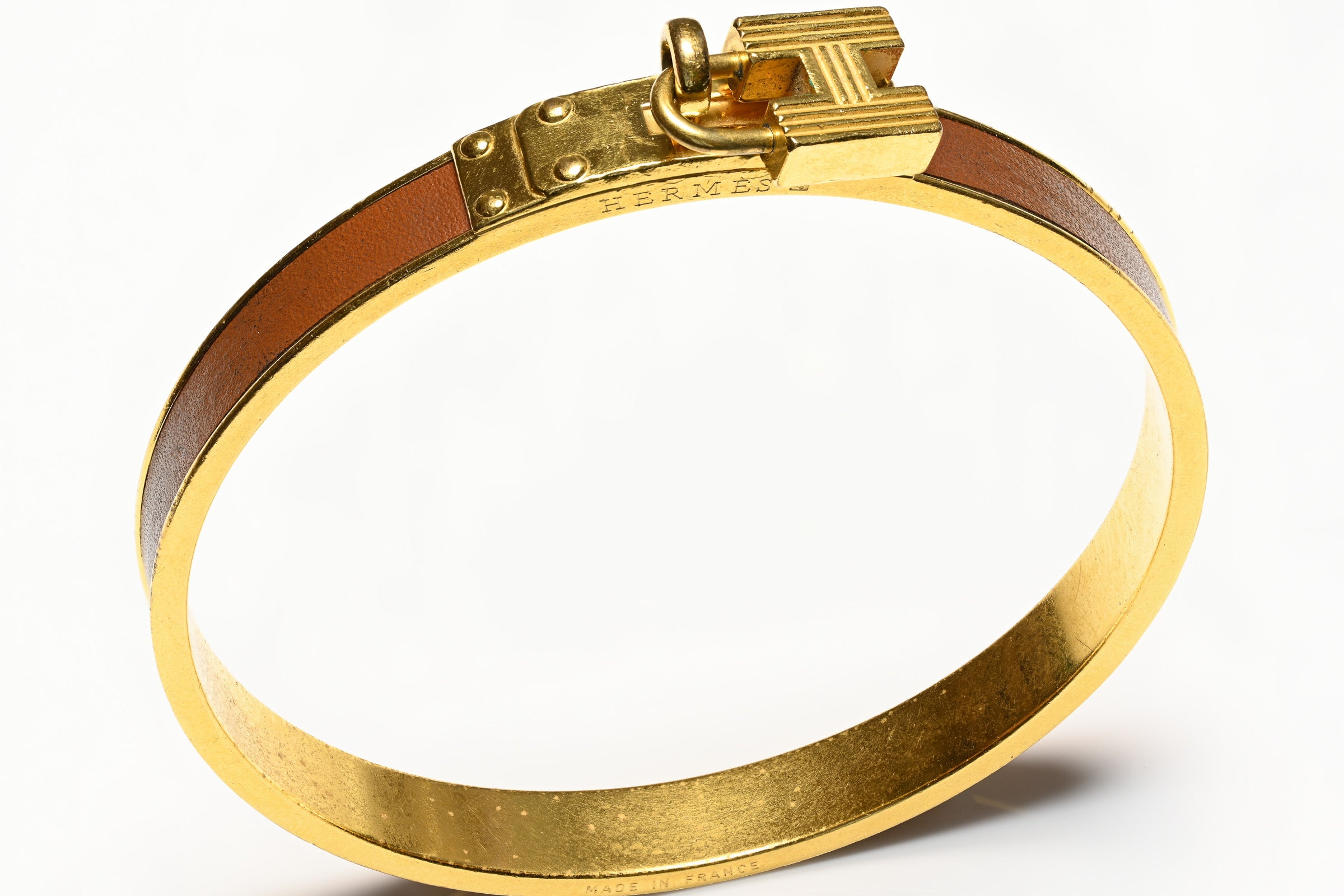 Hermes Paris Gold Plated Brown H Cadena Bangle Bracelet