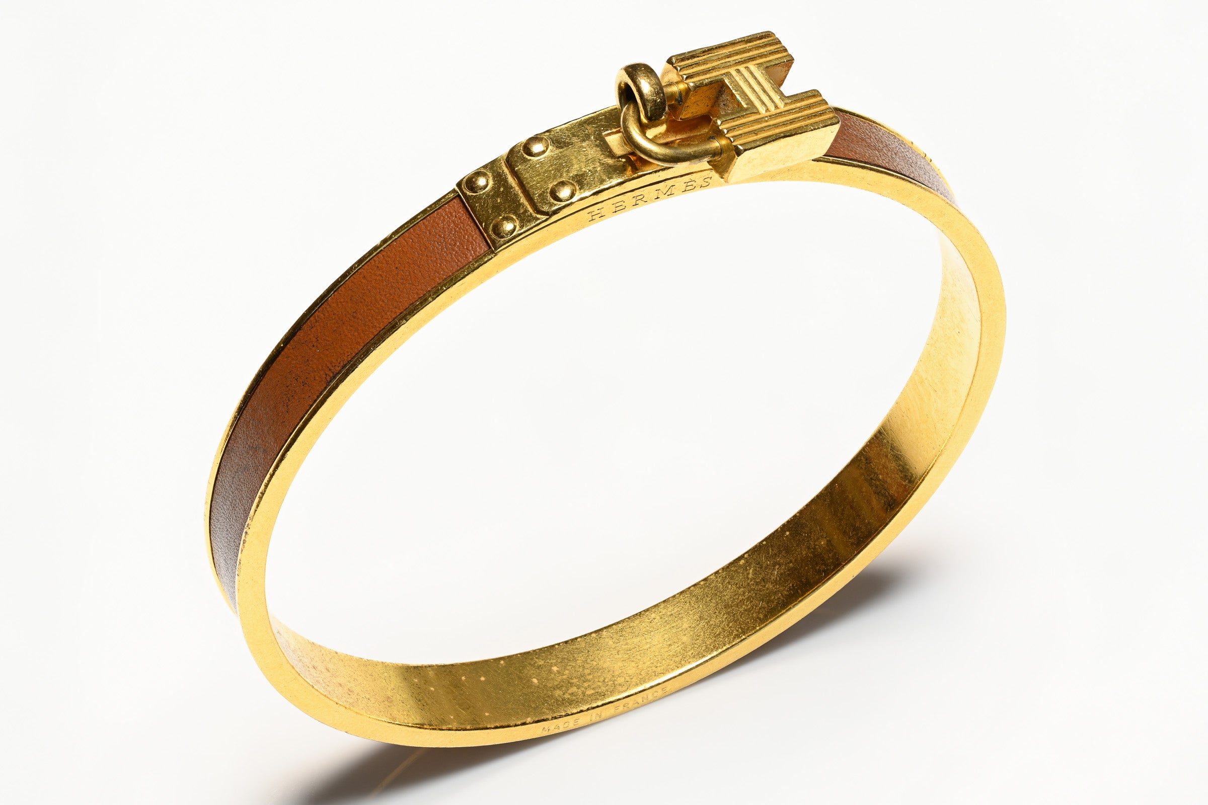 Hermes Paris Gold Plated Brown Leather H Cadena Bangle