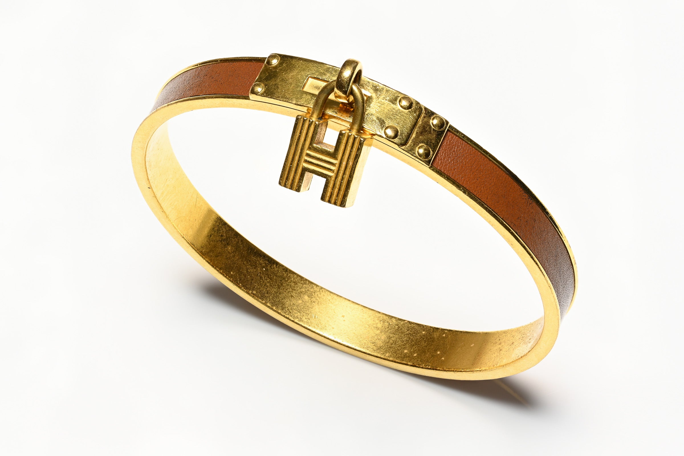 Hermes Paris Gold Plated Brown Leather H Cadena Bangle Bracelet