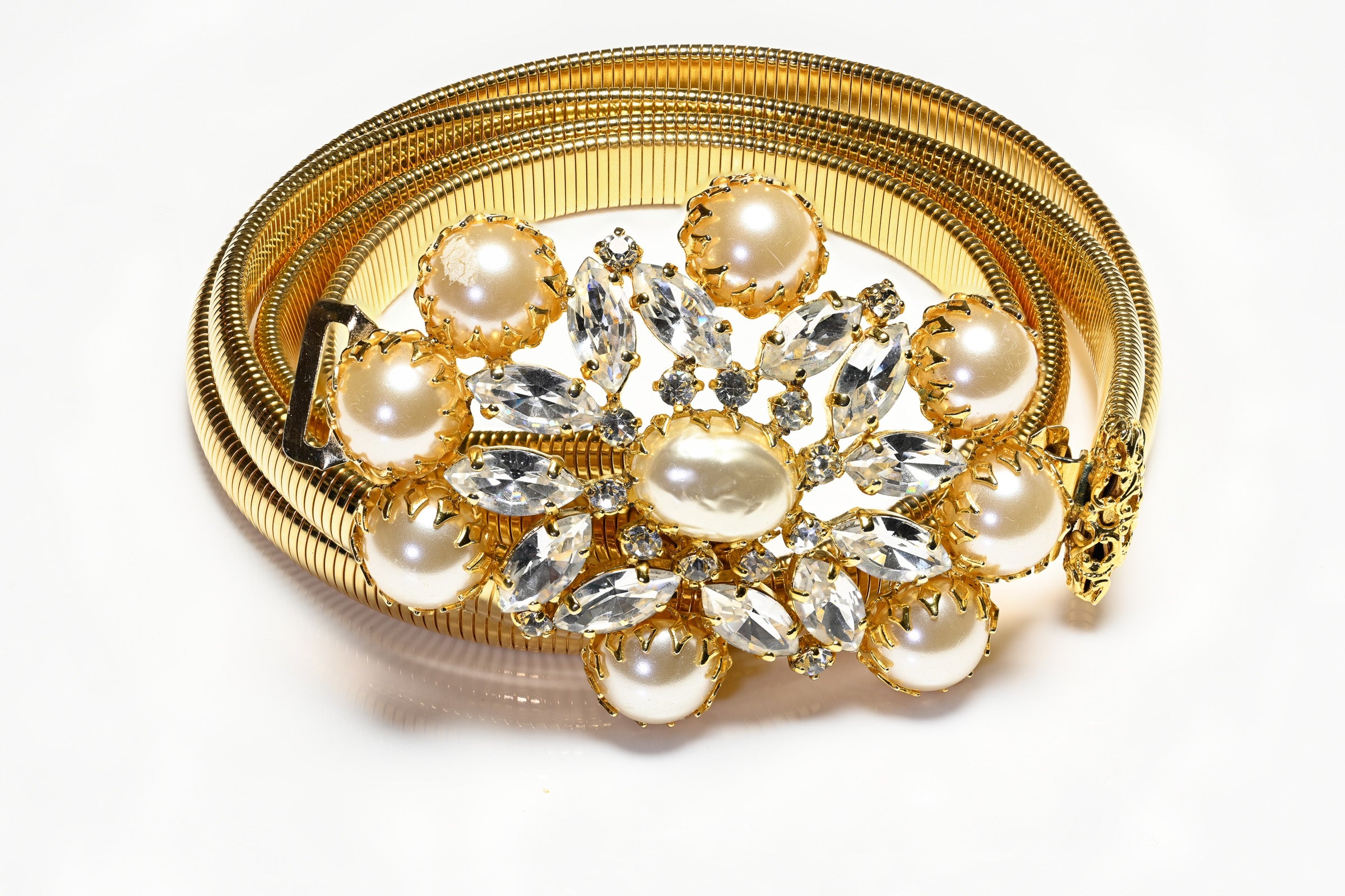 Vintage Schreiner NY Gold Plated Pearl Crystal Tubogas Belt