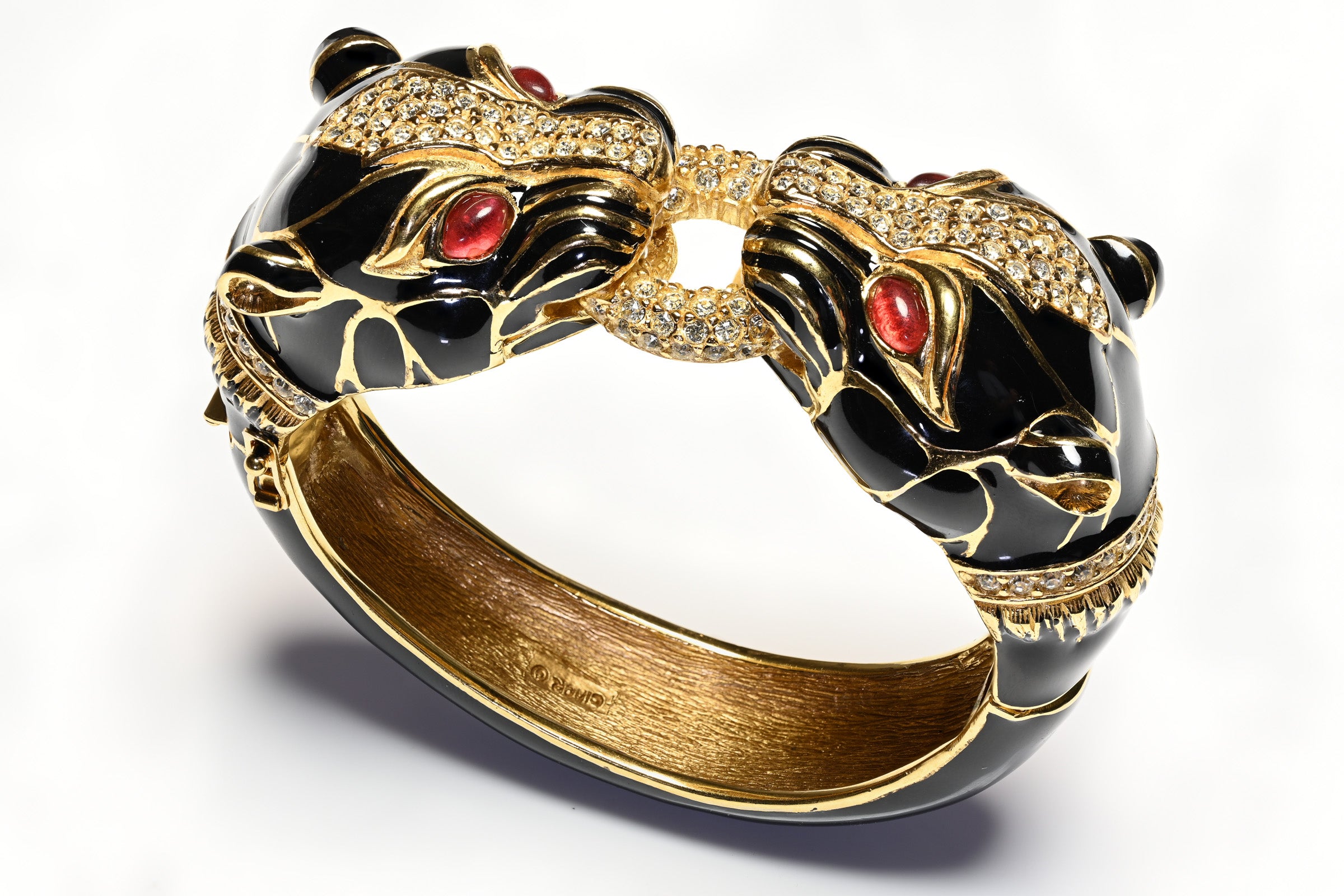 Vintage Ciner Black Enamel Red Cabochon Glass Panther Bangle Bracelet