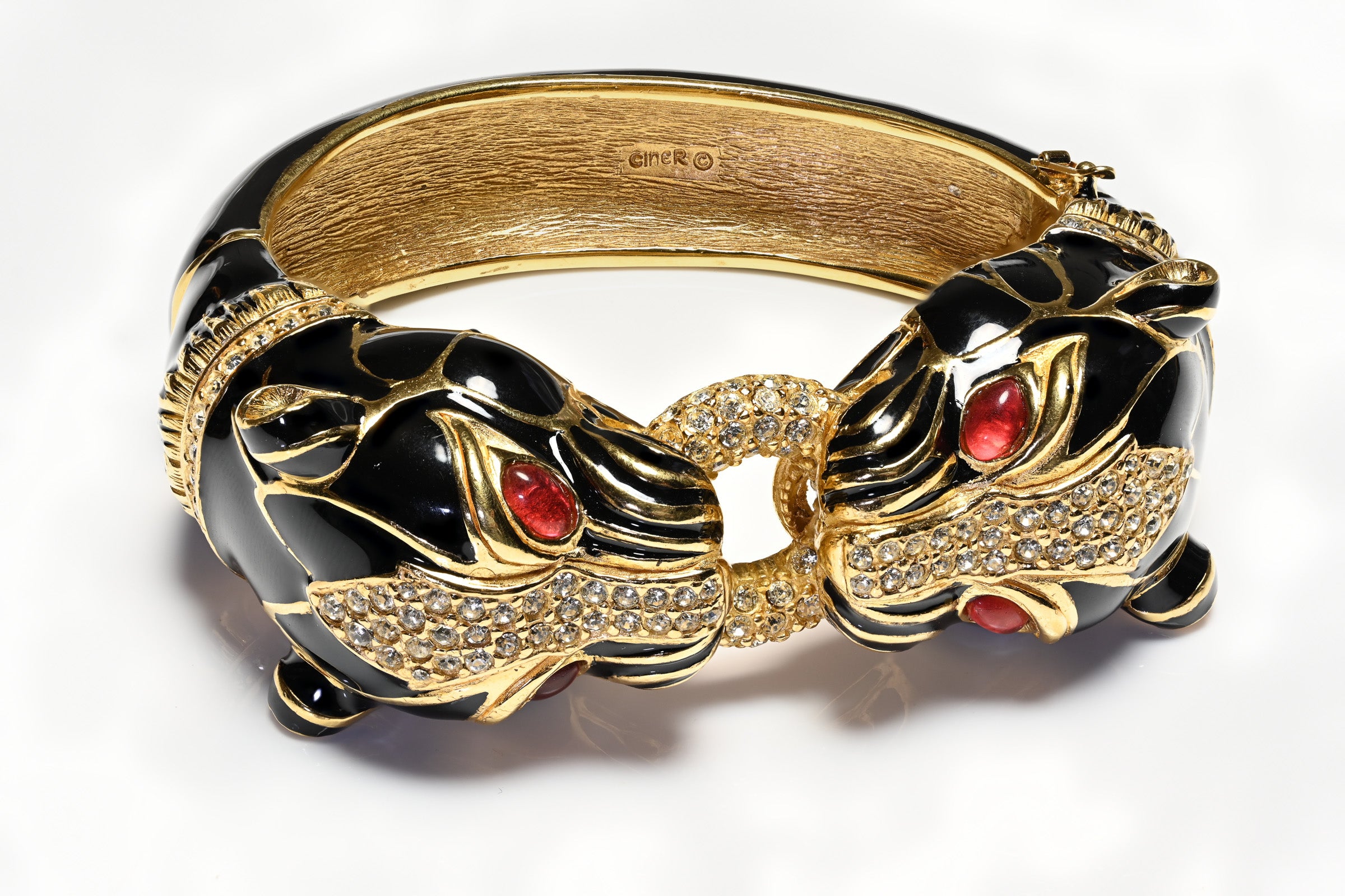 Vintage Ciner Black Enamel Red Cabochon Glass Panther Bracelet
