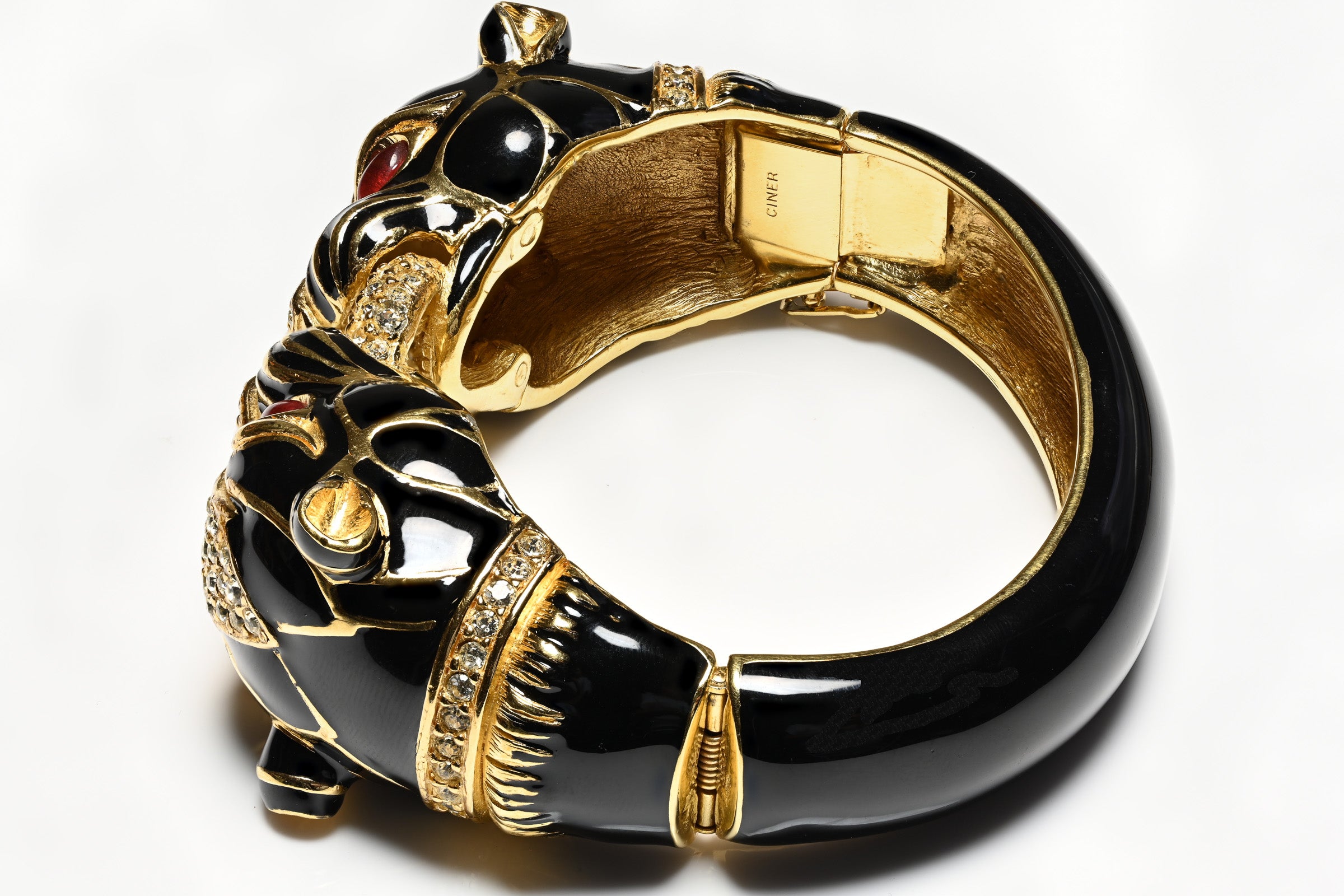 Vintage Ciner Black Enamel Red Panther Bangle Bracelet
