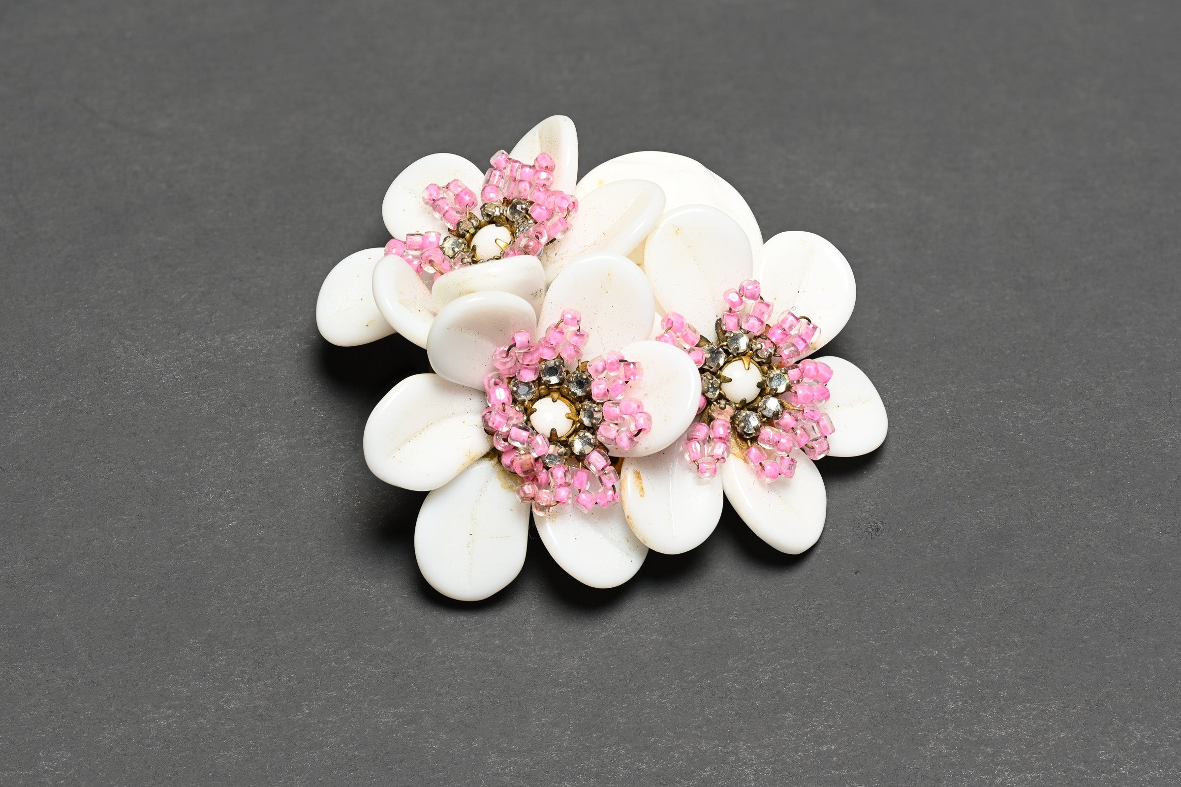 Vintage Miriam Haskell Pink White Glass Flower Brooch Set
