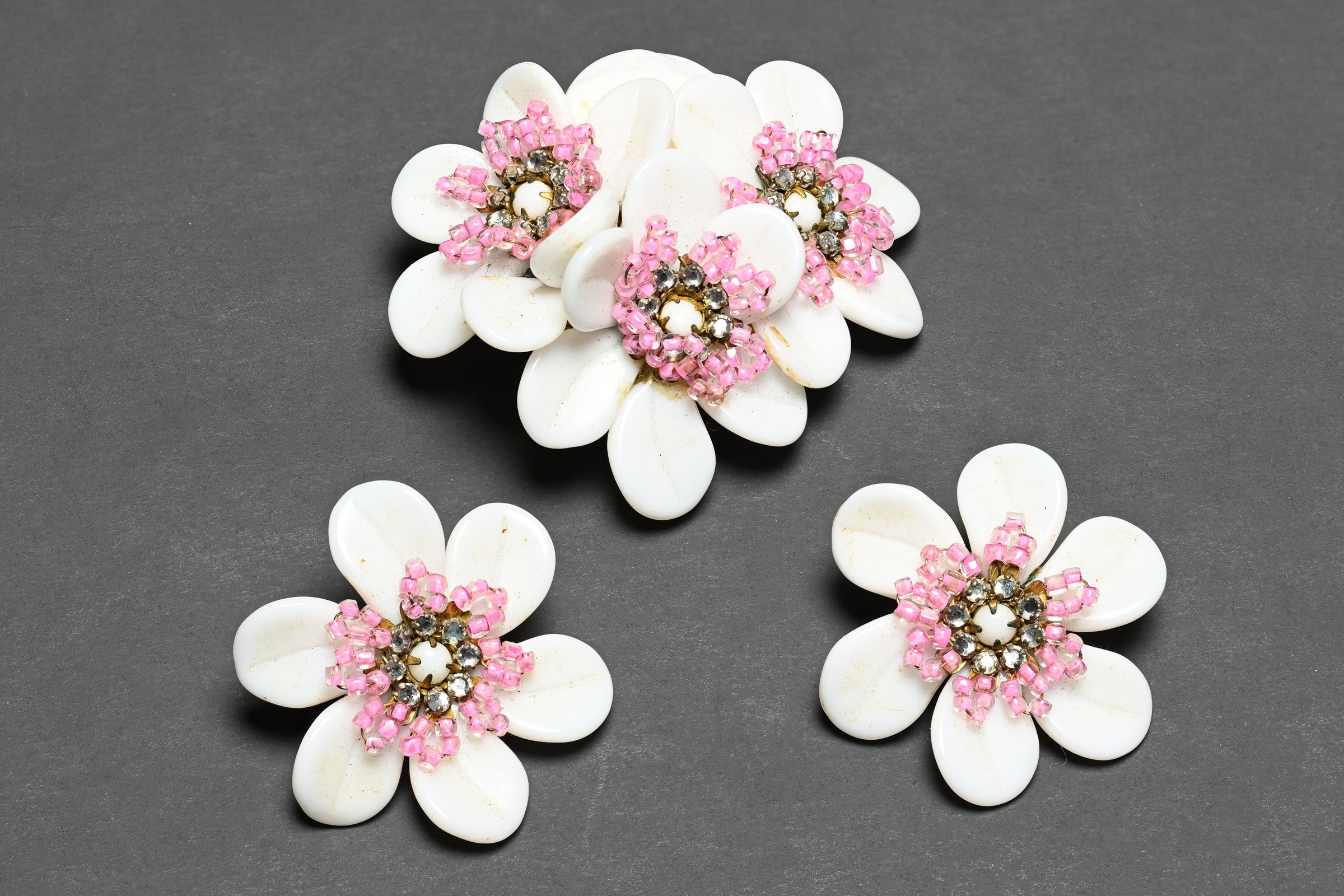 Vintage Miriam Haskell Pink White Glass Flower Earrings Brooch Set