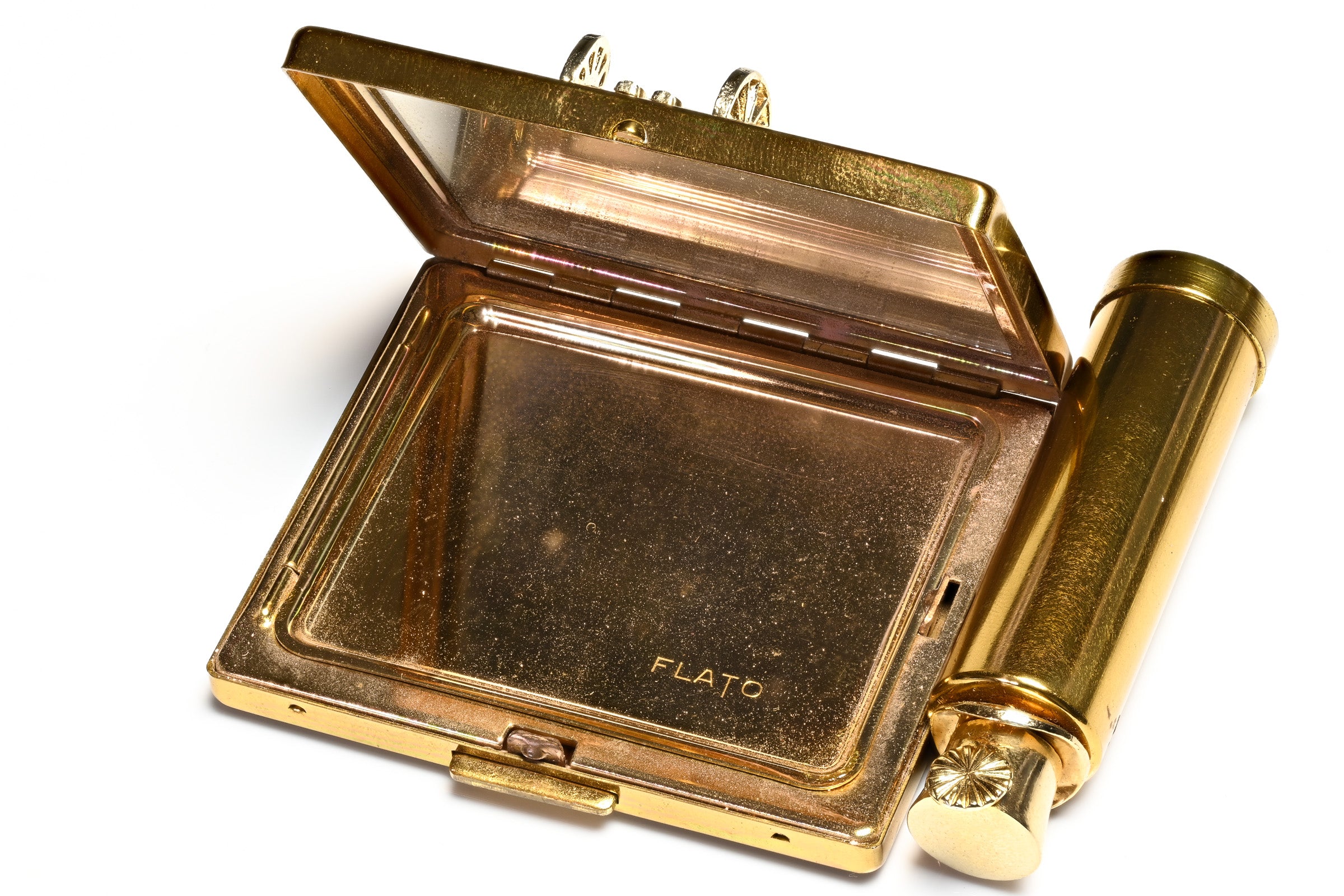 Paul Flato Stage Coach Gold Plated Powder Compact and Lipstick