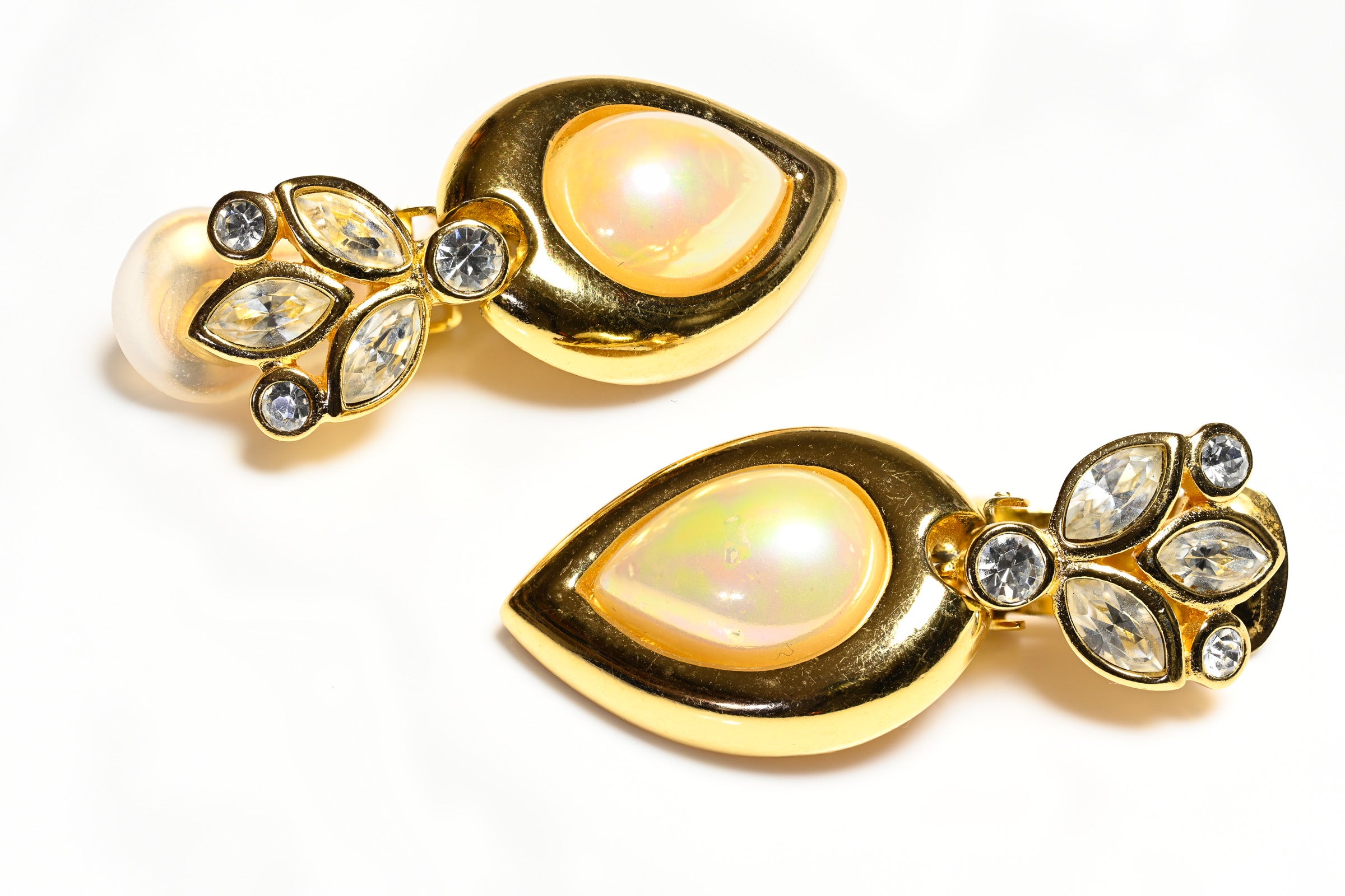 Vintage Christian Dior Gold Plated Pearl Crystal Drop Earrings