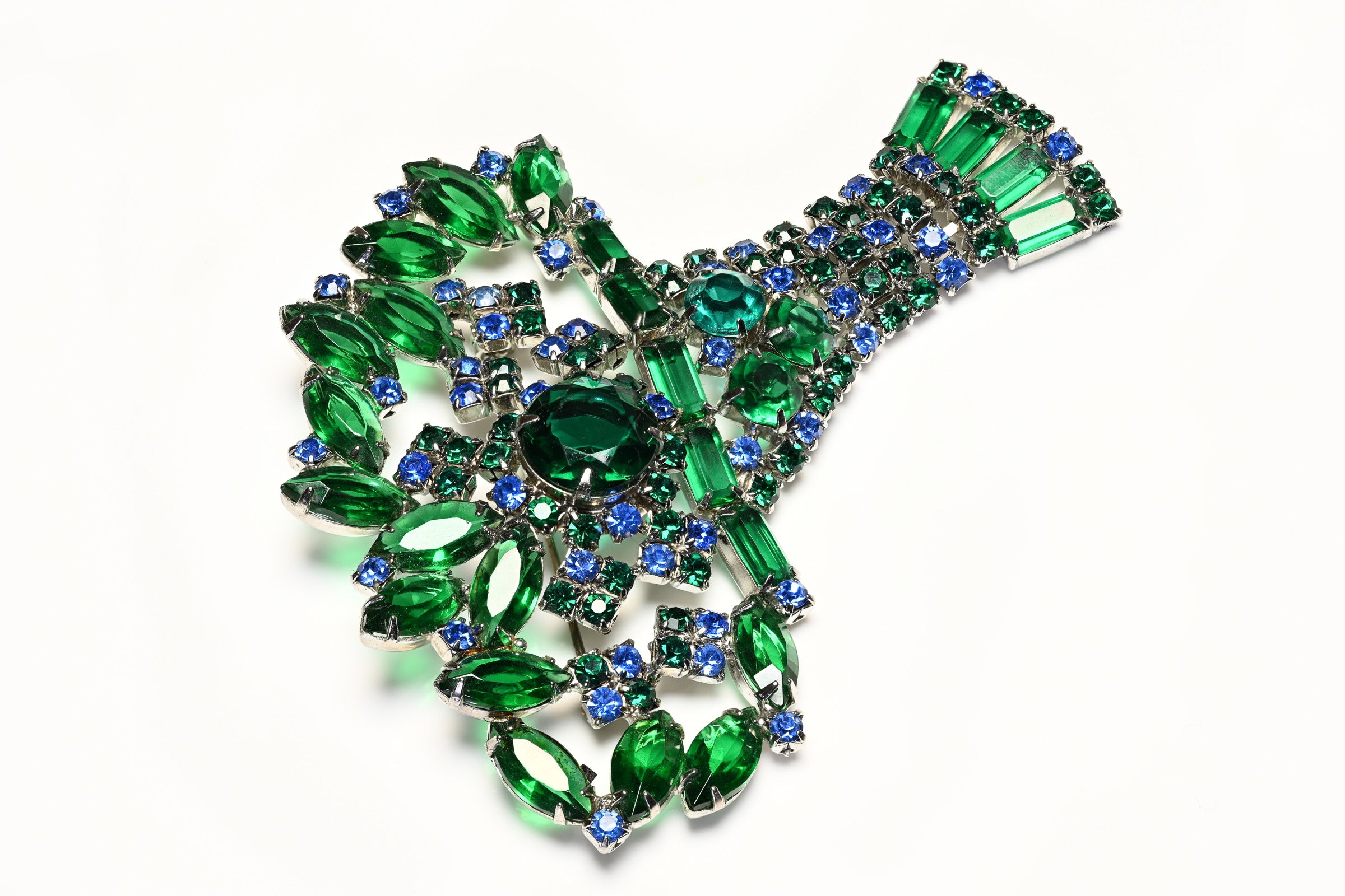 Vintage 1960's Green Blue Crystal Flower Basket Brooch