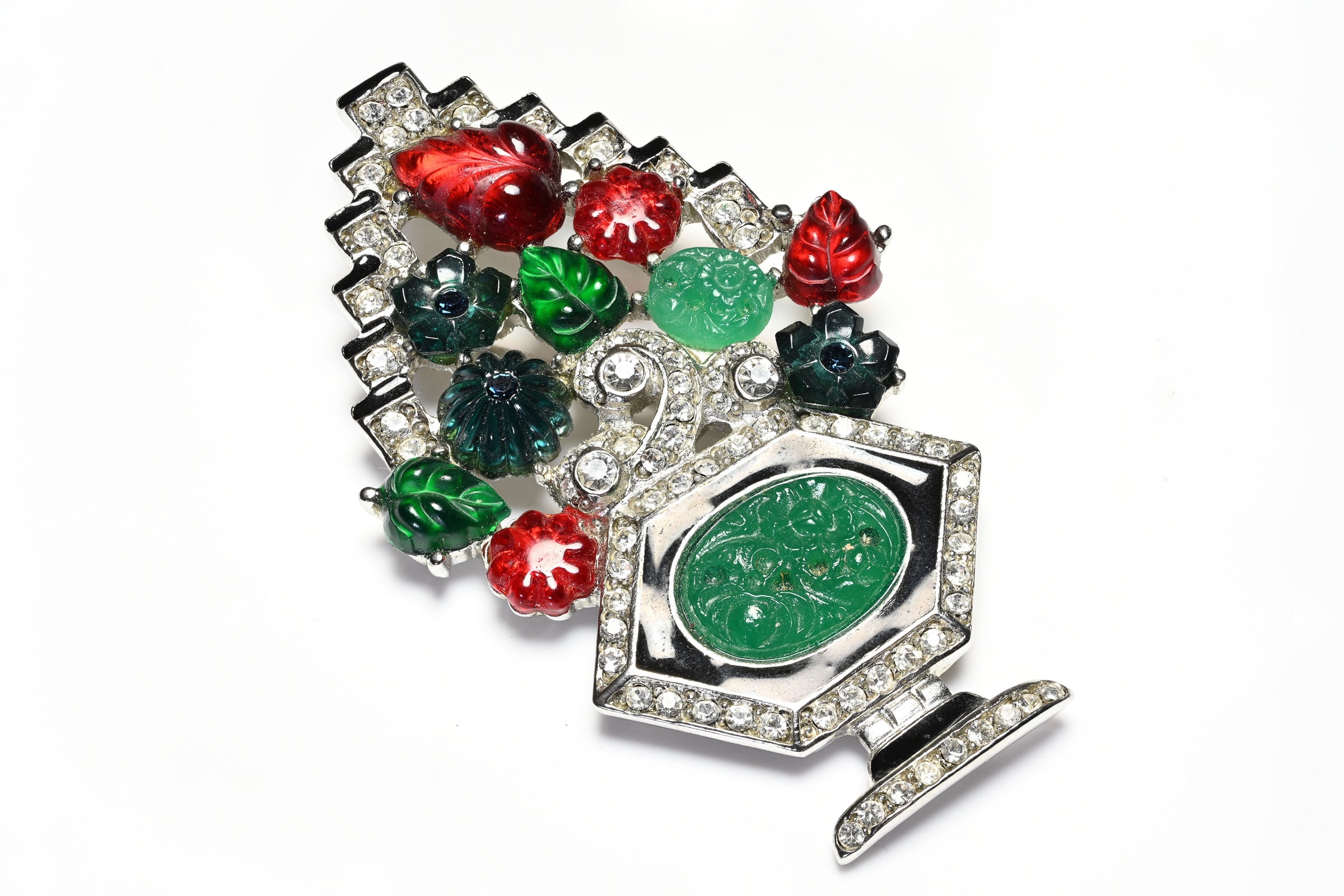 Vintage Kenneth Jay Lane Art Deco Tutti Frutti Style Green Crystal Brooch
