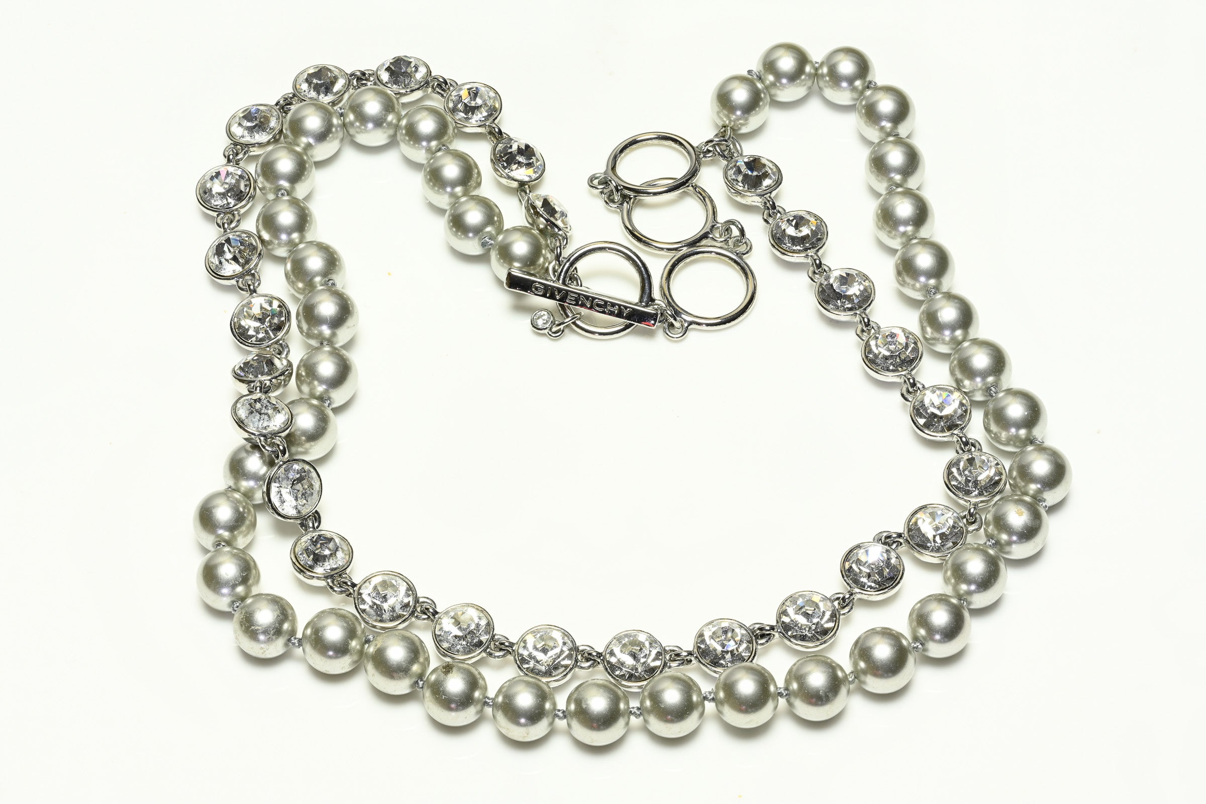Givenchy Paris Gray Crystal Glass Pearls Double Strand Necklace