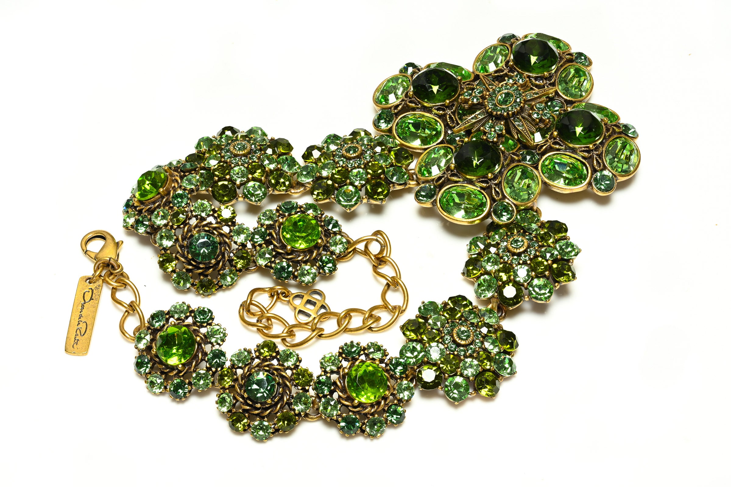 Oscar de la Renta Green Crystal Large Cross Necklace