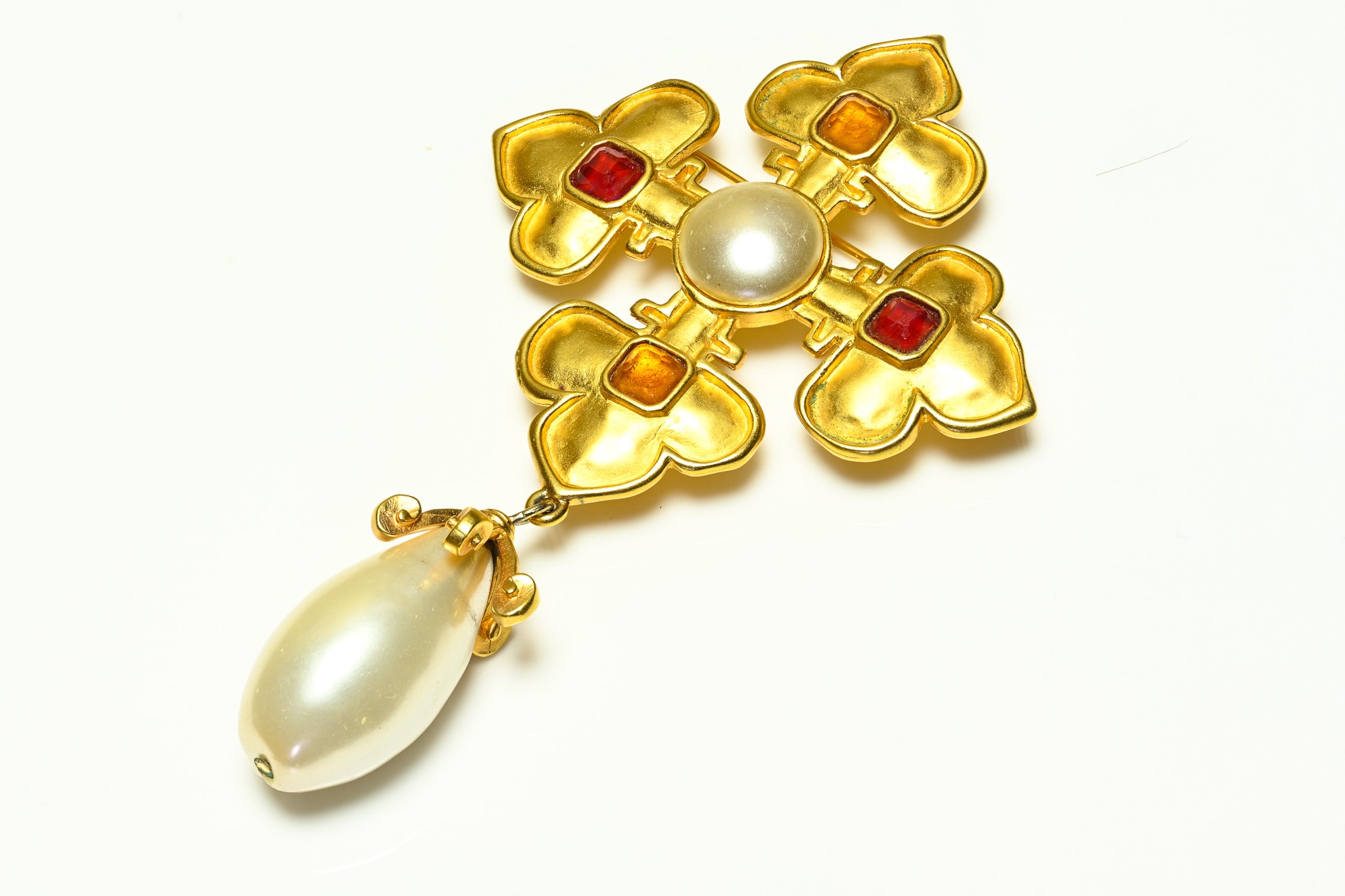Vintage Karl Lagerfeld Paris Gold Plated Pearl Maltese Cross Brooch