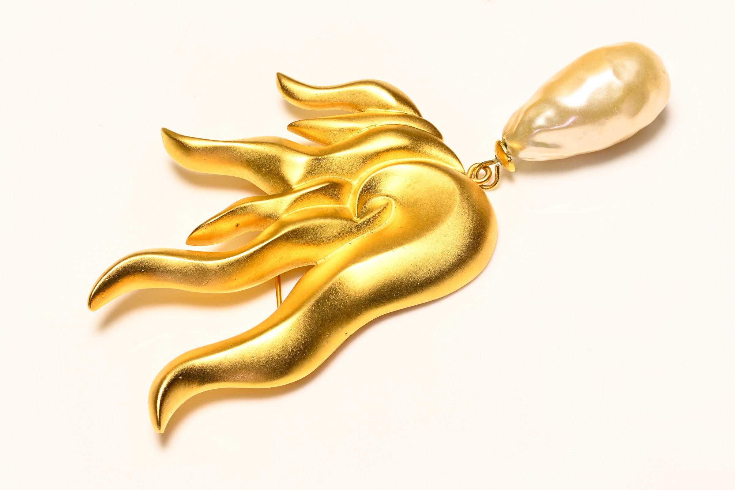 Vintage Karl Lagerfeld Gold Plated Pearl Flame Brooch