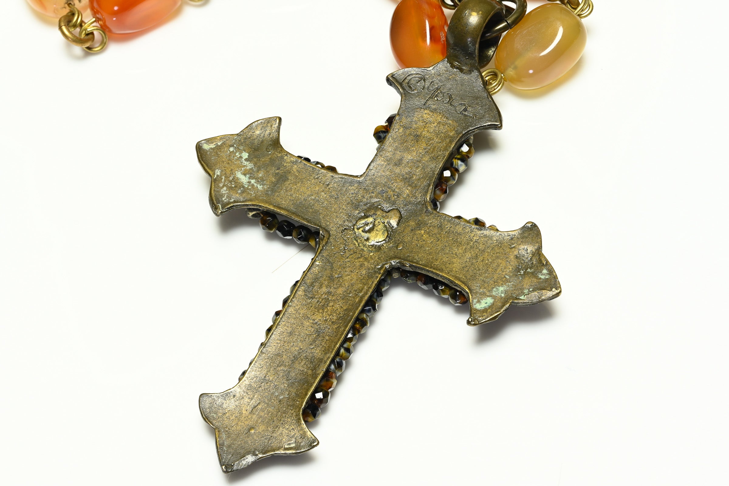 Vintage Gerard Yosca Brown Agate Pearl Cross Necklace