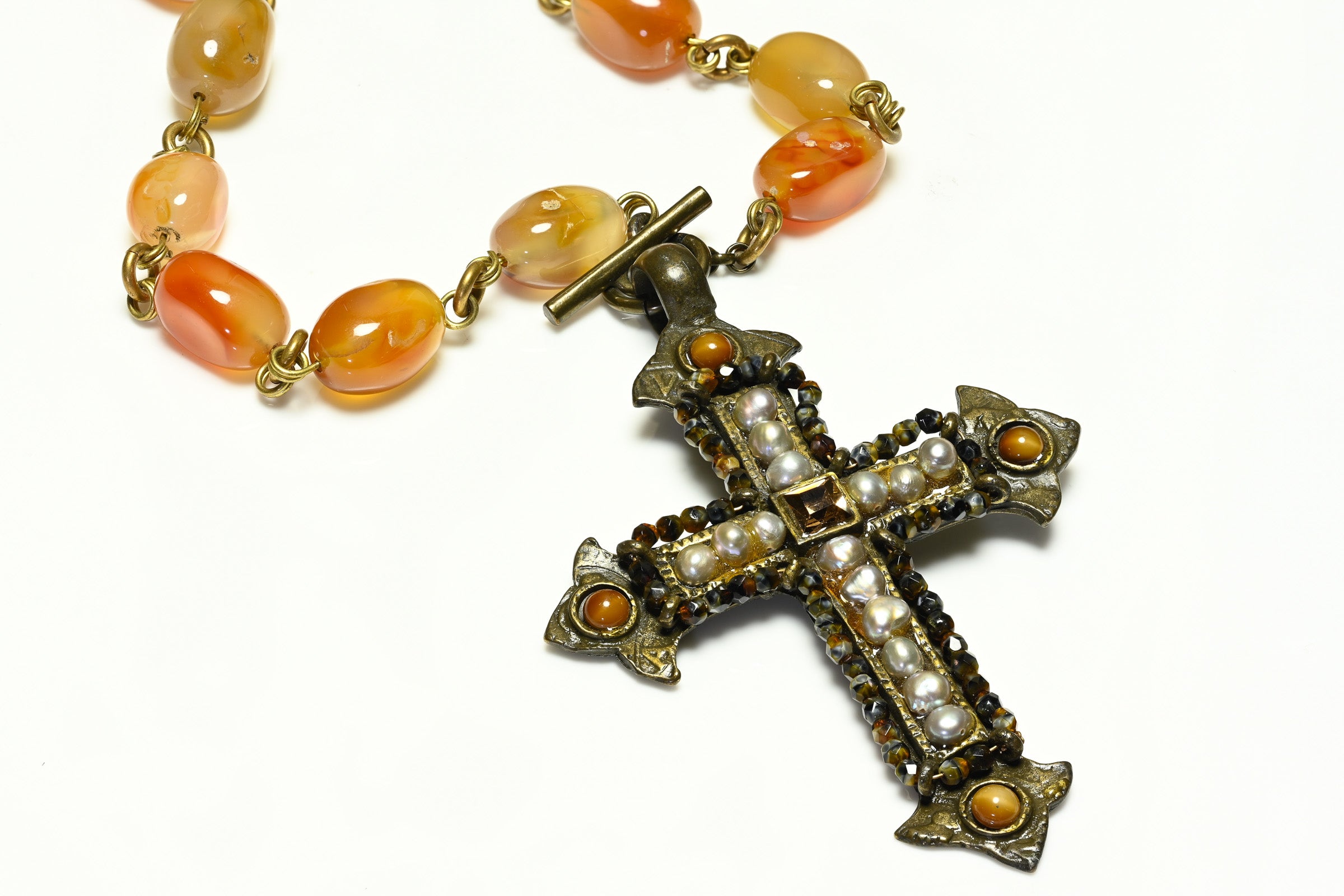 Gerard Yosca Brown Agate Pearl Cross Pendant Necklace