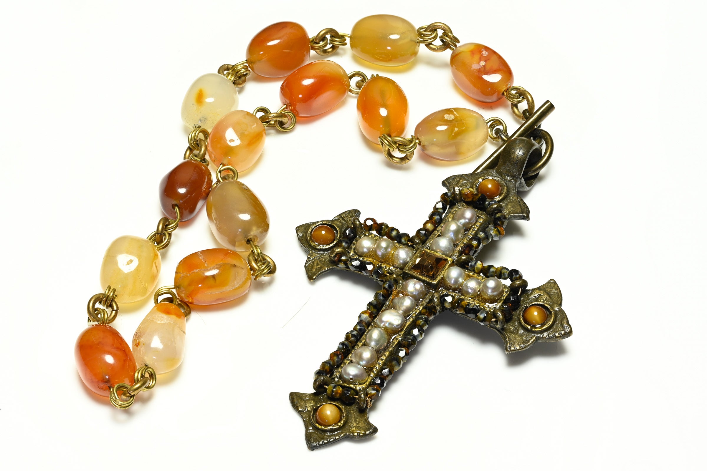Vintage Gerard Yosca Brown Agate Pearl Cross Pendant Necklace