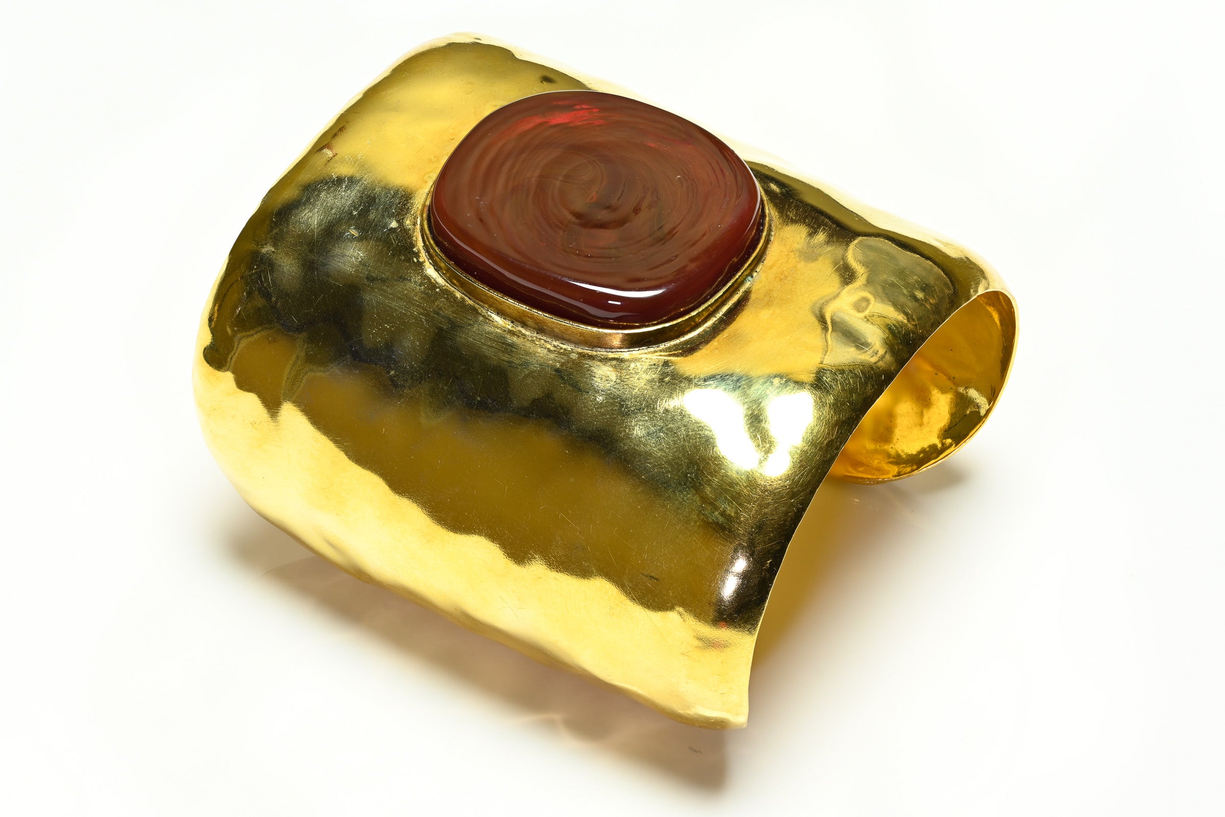 Frances Patiky Stein FPS Wide Gold Plated Gripoix Red Glass Cuff Bracelet