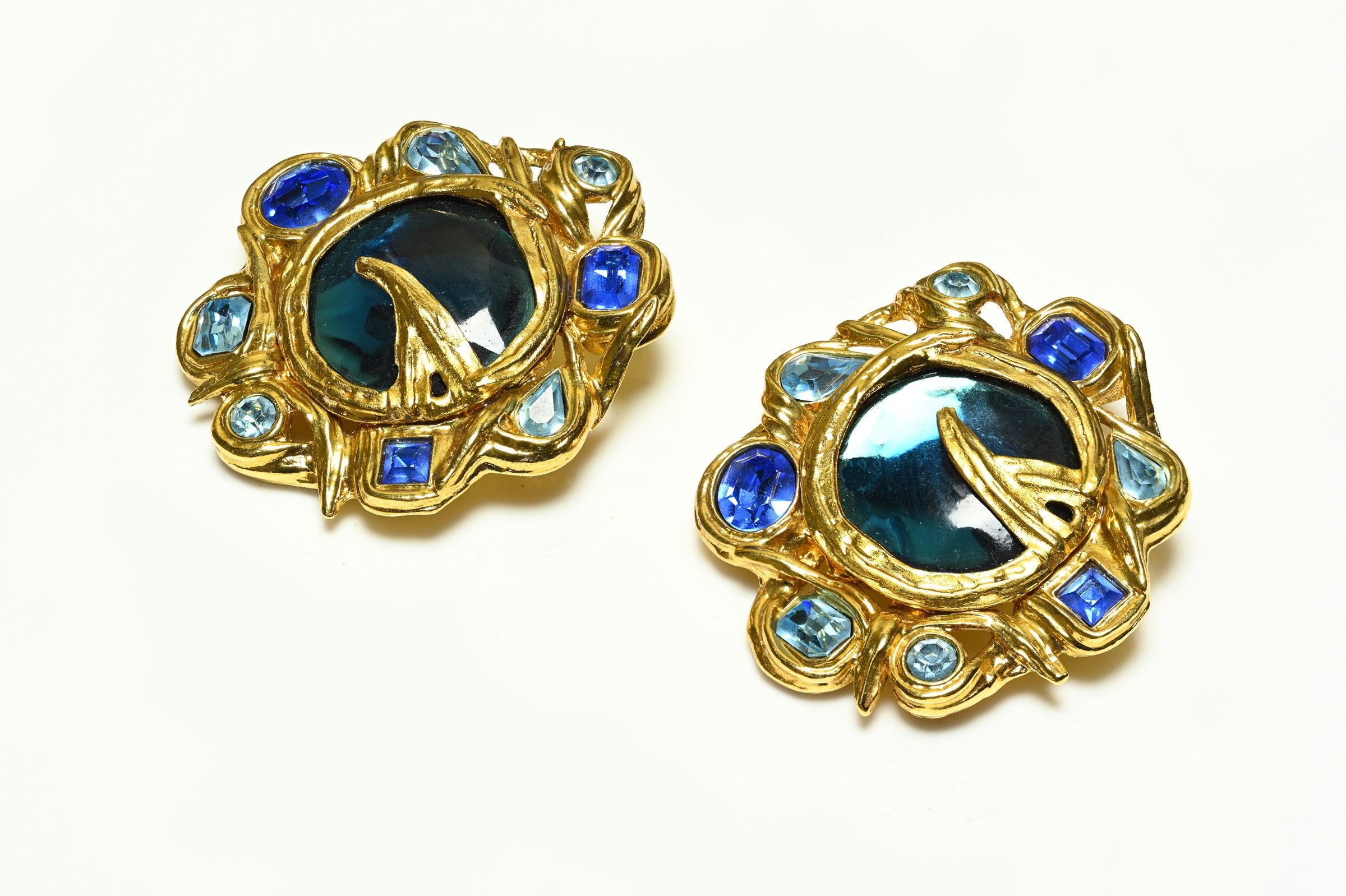 Vintage Yves Saint Laurent Paris Large Blue Crystal Flower Earrings