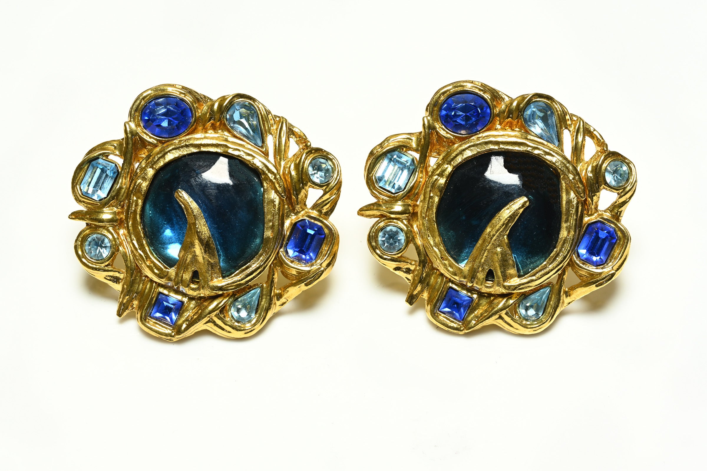 Vintage Yves Saint Laurent Paris Large Gold Plated Blue Crystal Flower Earrings