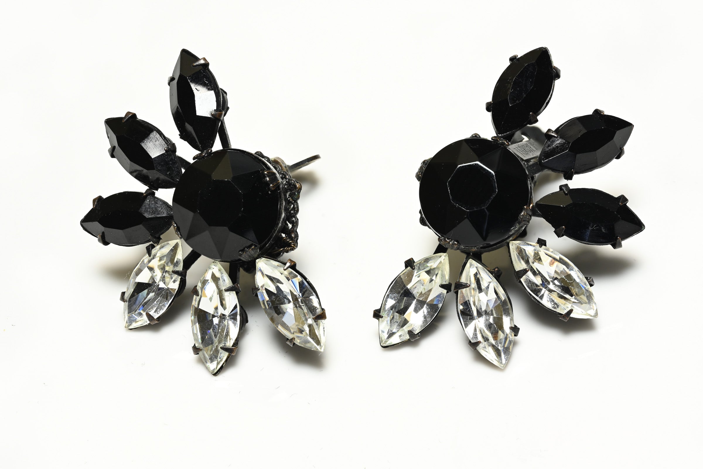 Vintage Miriam Haskell Black White Crystal Flower Earrings Set