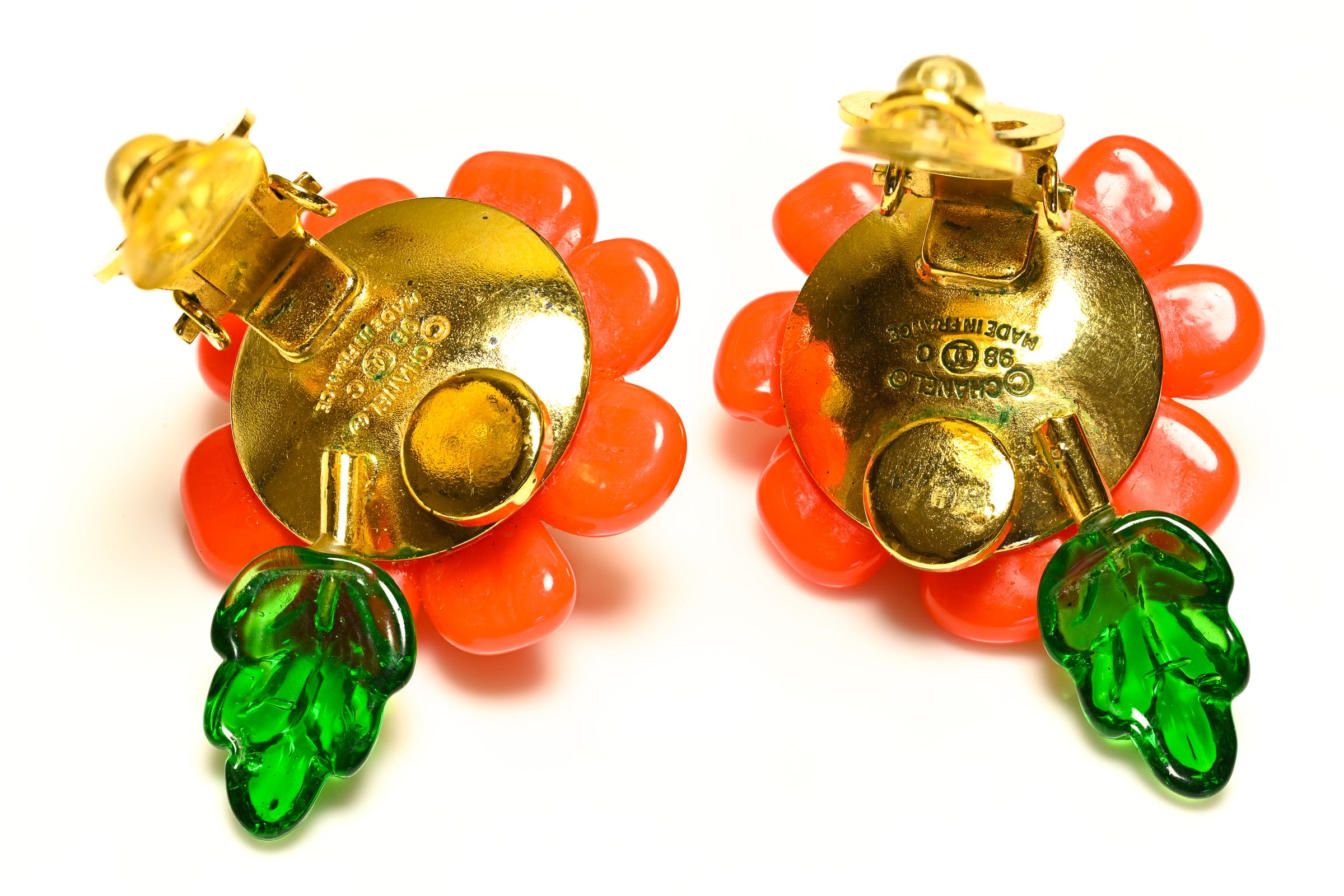 Chanel Paris Cruise 1998 Gripoix Orange Green Glass Camellia Earrings