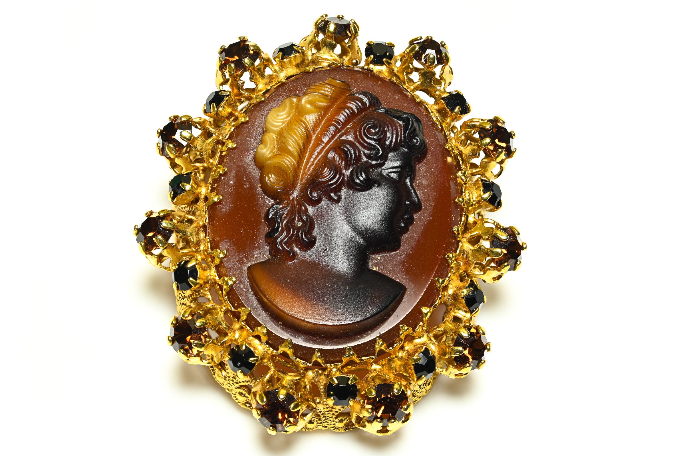 Vintage 1950's Austria Brown Crystal Cameo Lady Brooch